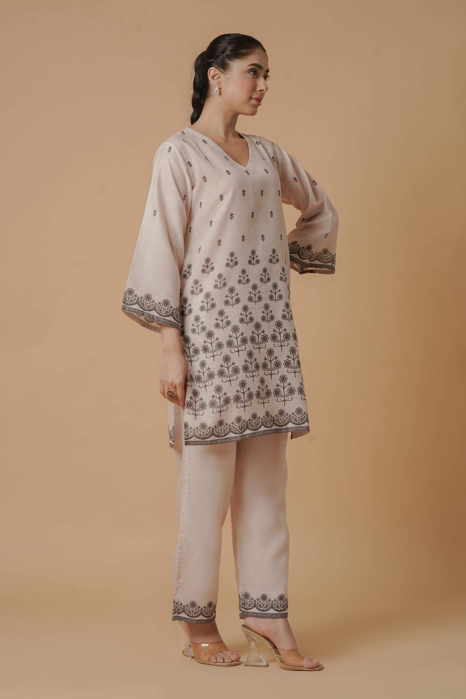 Lawn Cotton Printkari Co-ord Set - Beige with Black With Straight pant