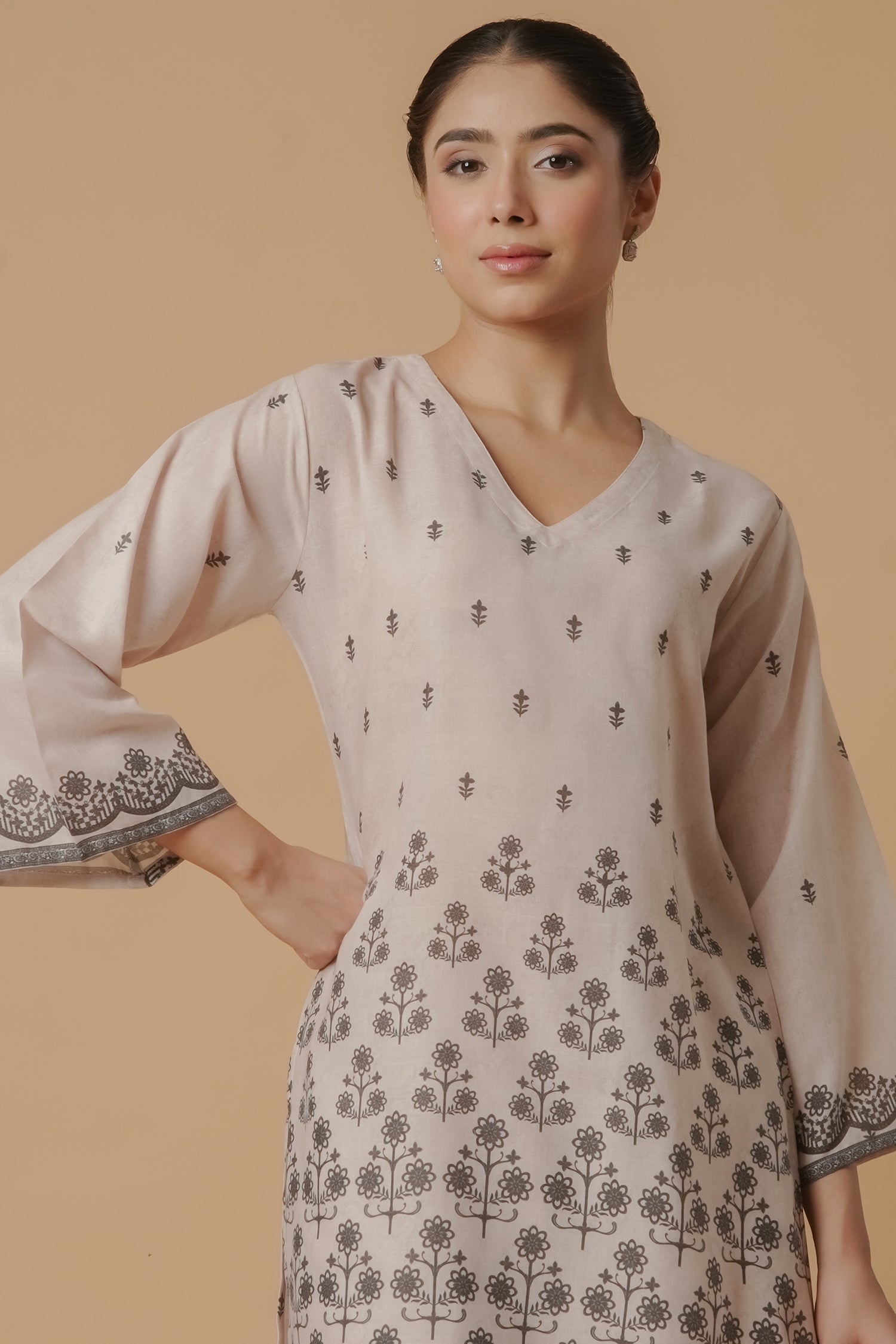 Lawn Cotton Printkari Co-ord Set - Beige with Black With Straight pant