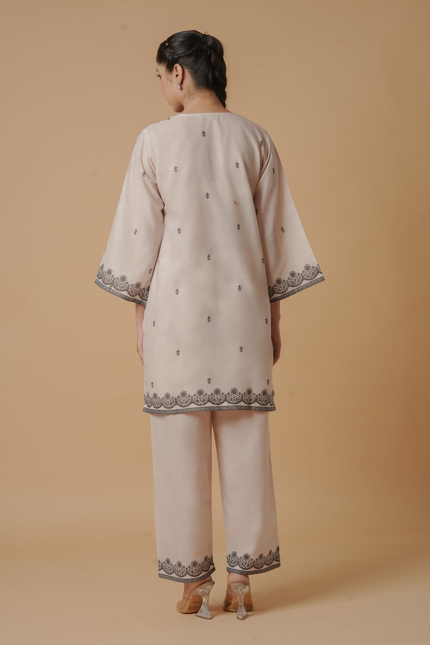 Lawn Cotton Printkari Co-ord Set - Beige with Black With Straight pant