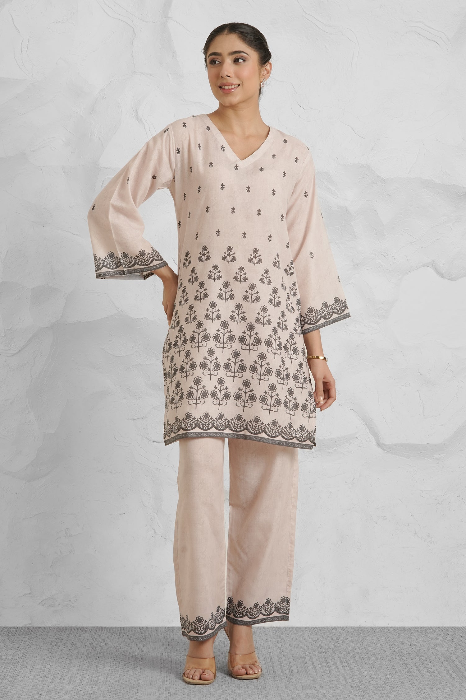 Lawn Cotton Printkari Co-ord Set - Beige with Black With Straight pant
