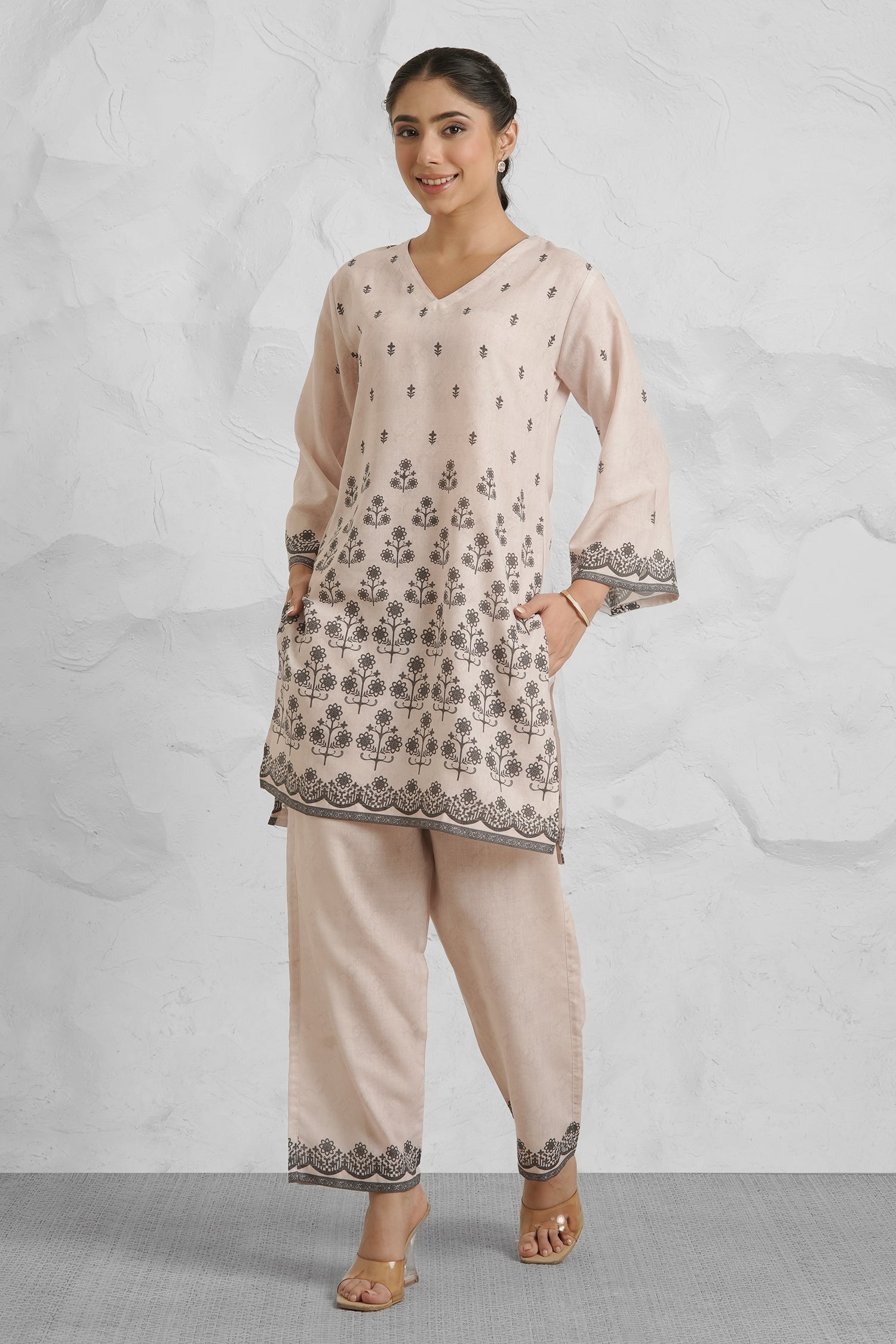 Lawn Cotton Printkari Co-ord Set - Beige with Black With Straight pant