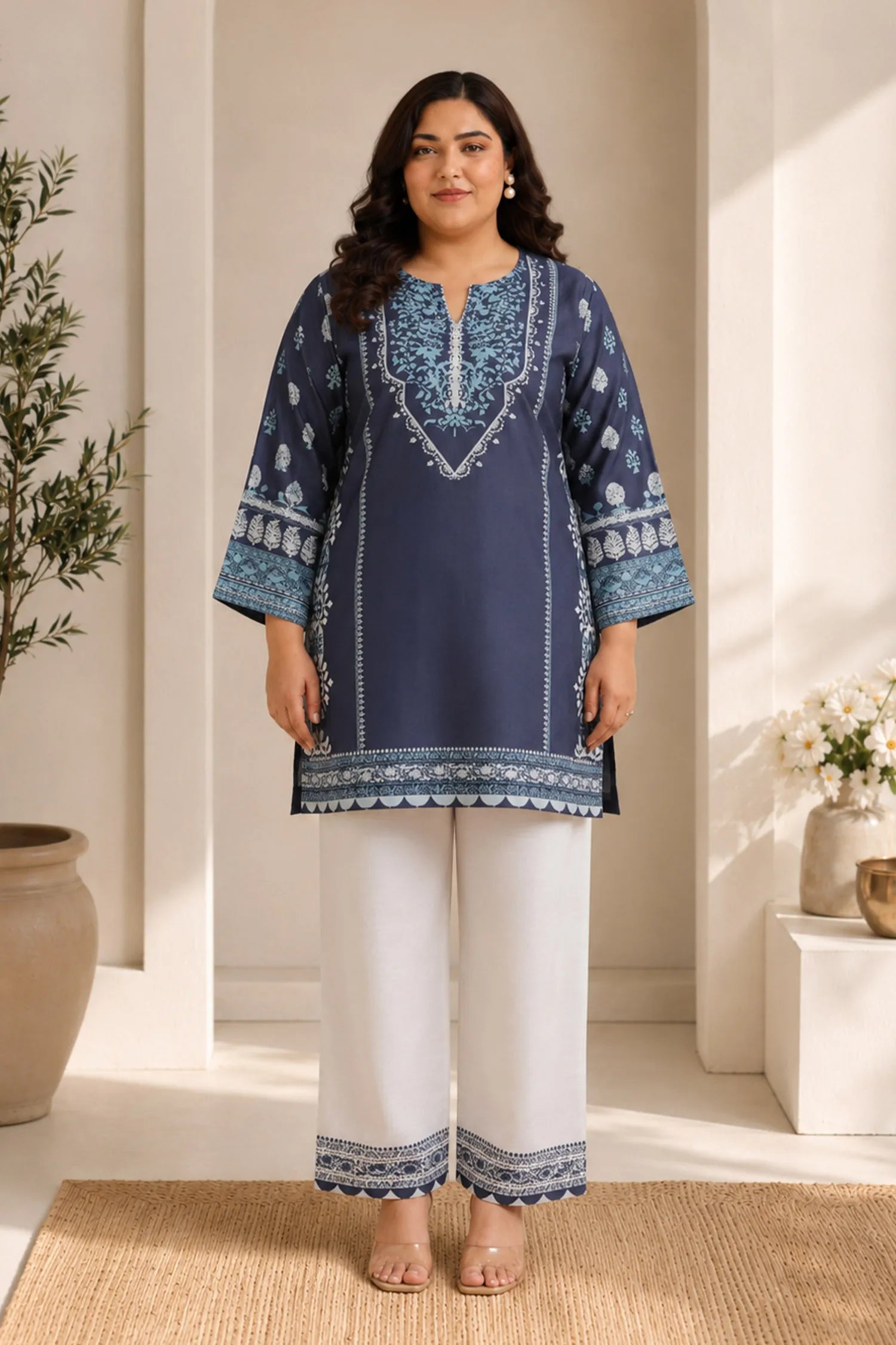 Plus Size - Lawn Cotton Printkari Co-ord Set - Navy Blue & White With Straight pant