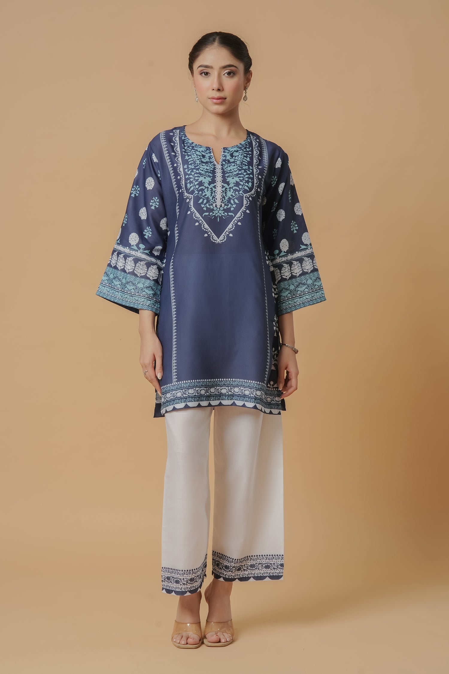 Arpita in Lawn Cotton Printkari Co-ord Set - Navy Blue & White With Straight pant