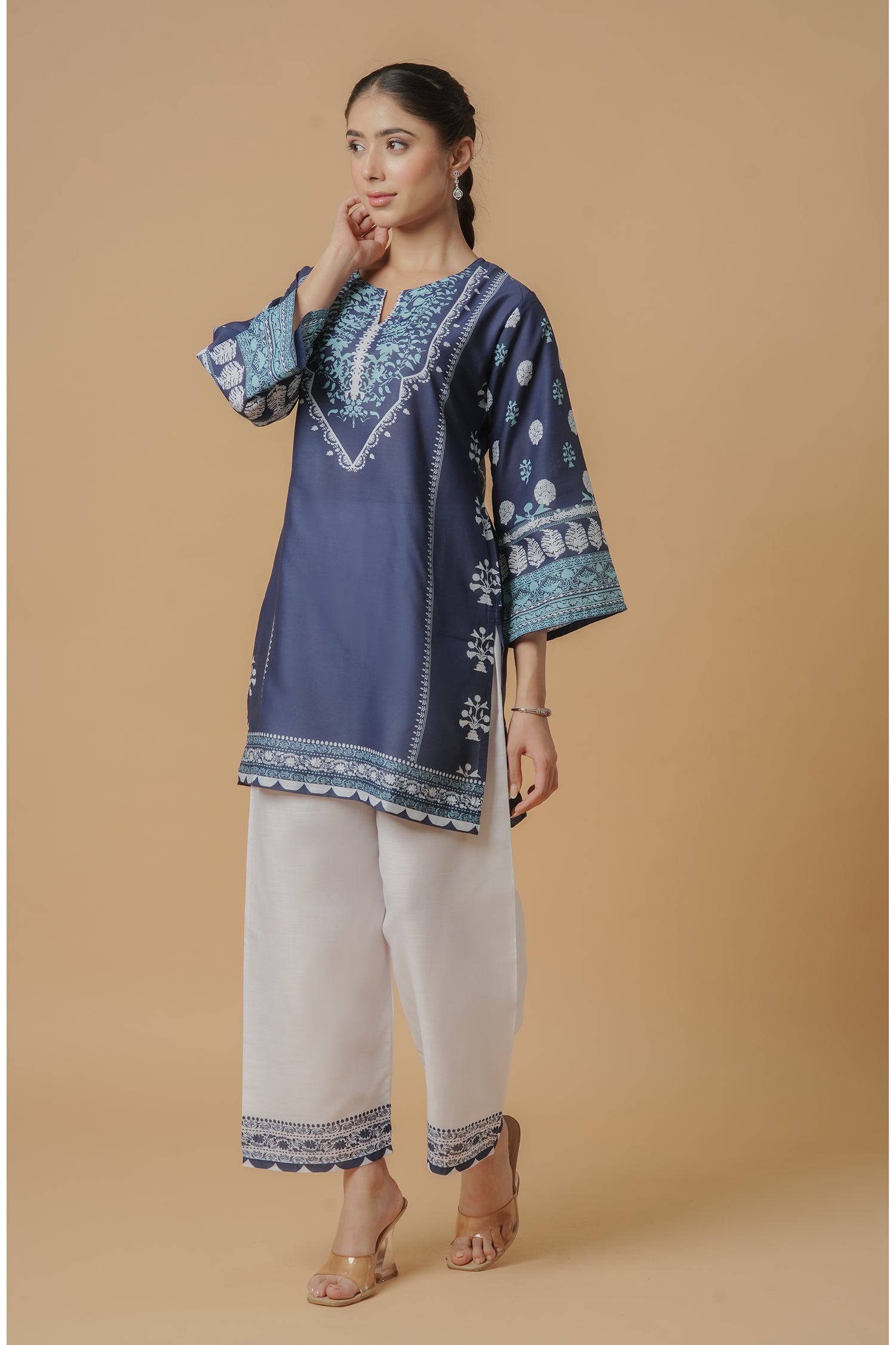 Arpita in Lawn Cotton Printkari Co-ord Set - Navy Blue & White With Straight pant