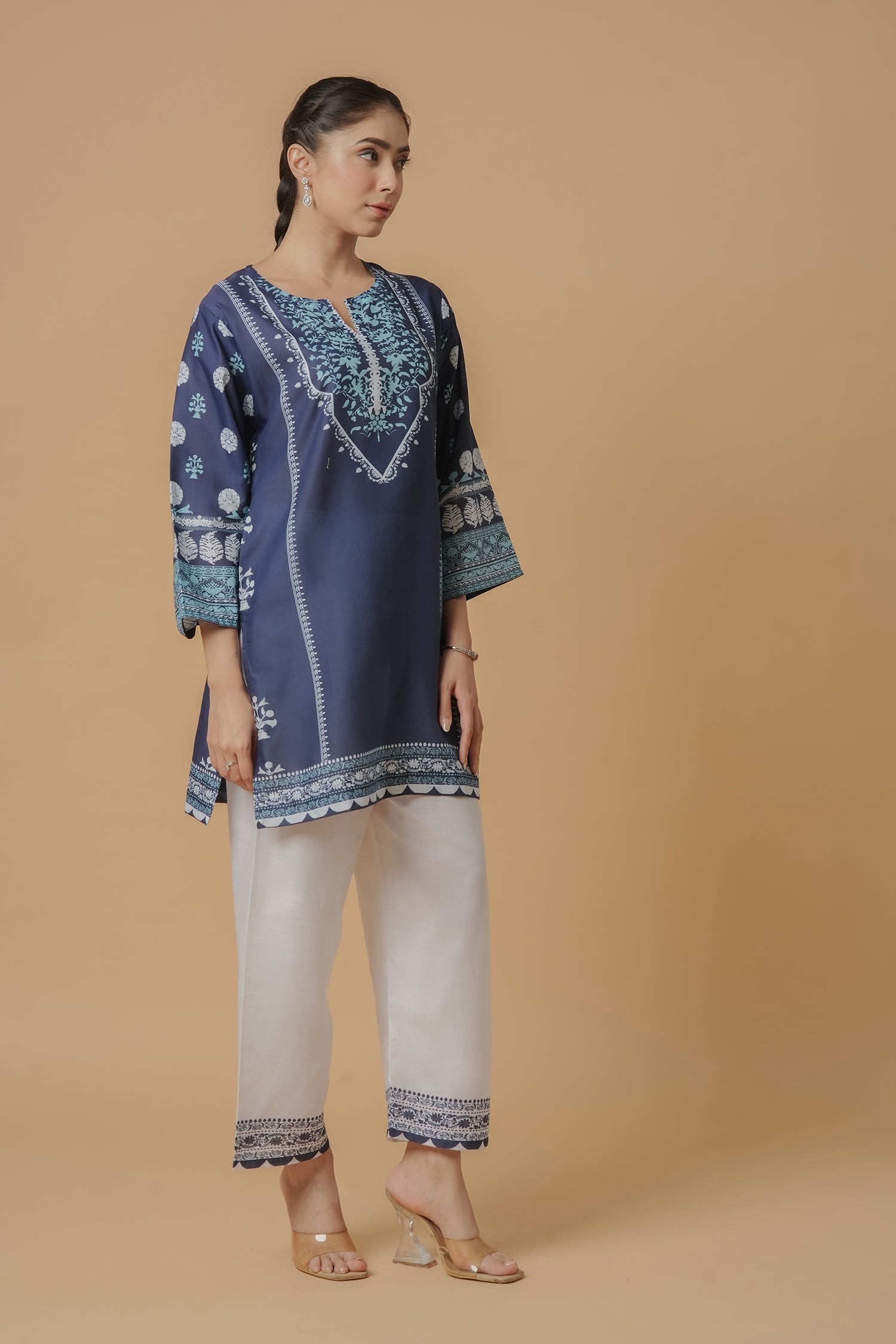 Arpita in Lawn Cotton Printkari Co-ord Set - Navy Blue & White With Straight pant