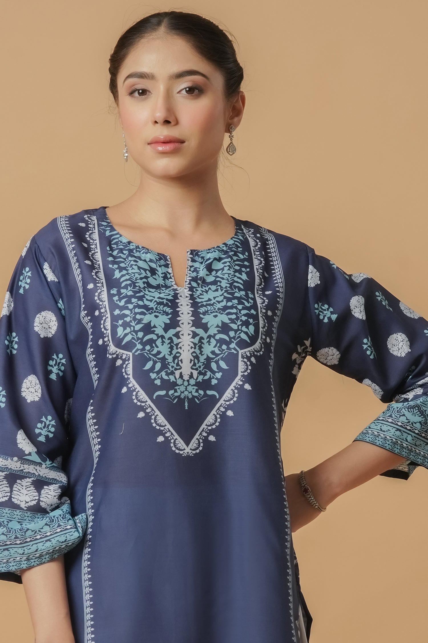 Arpita in Lawn Cotton Printkari Co-ord Set - Navy Blue & White With Straight pant