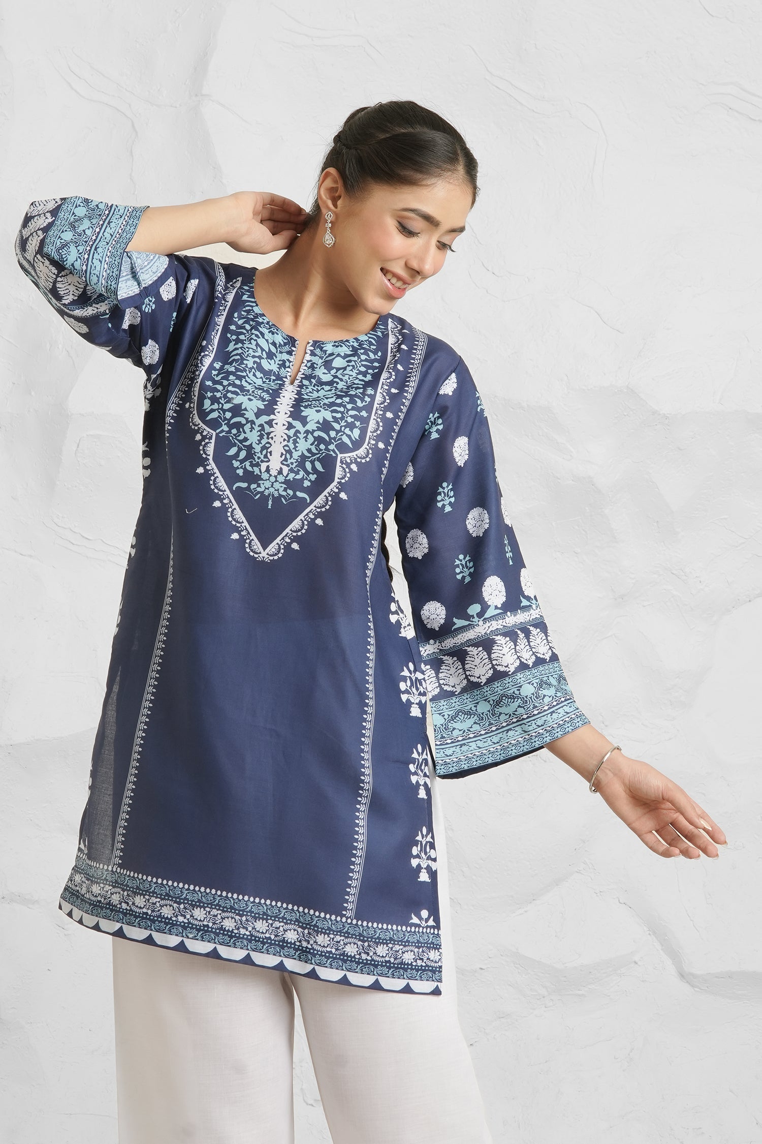 Lawn Cotton Printkari Co-ord Set - Navy Blue & White With Straight pant