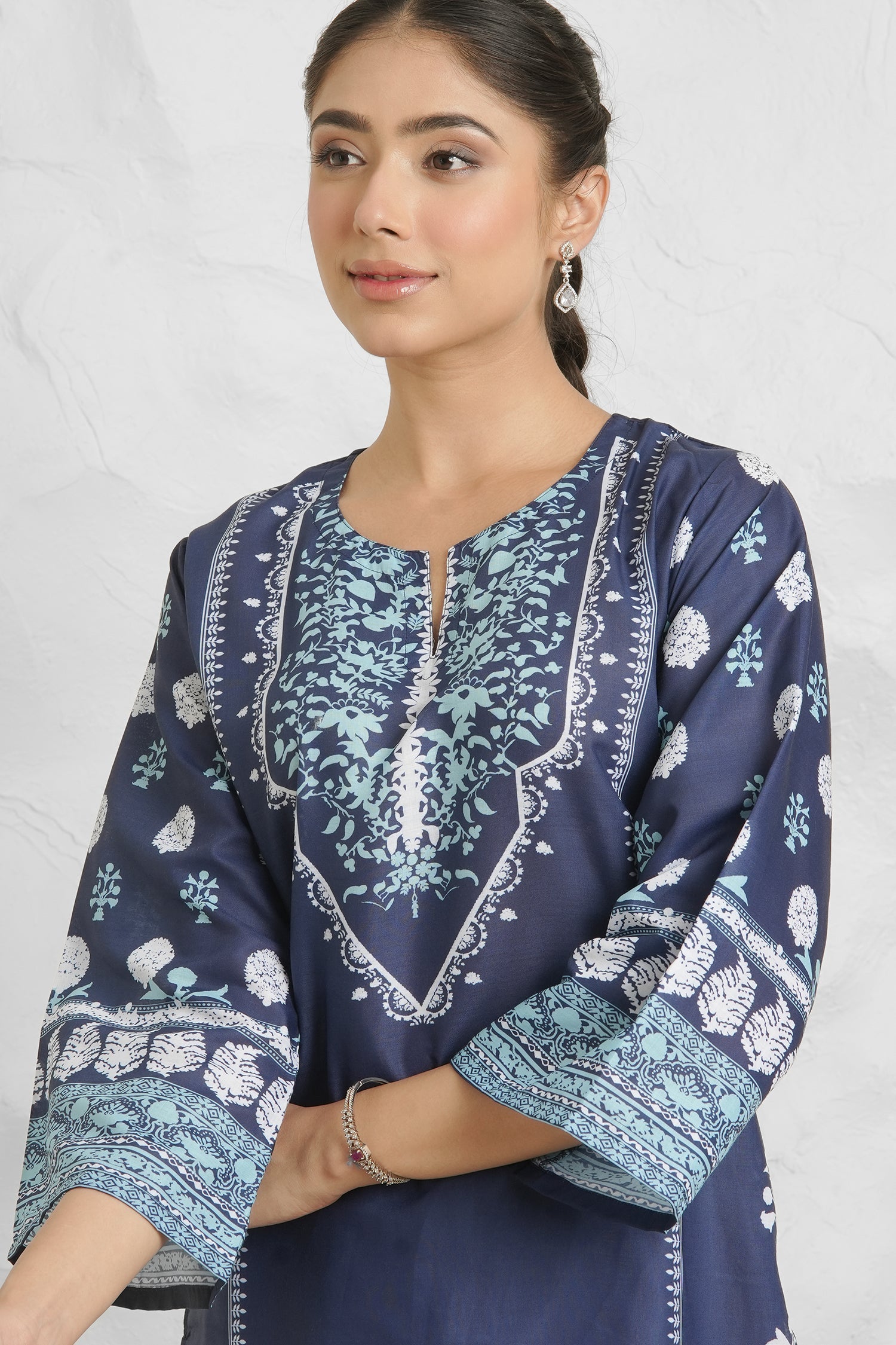 Arpita in Lawn Cotton Printkari Co-ord Set - Navy Blue & White With Straight pant