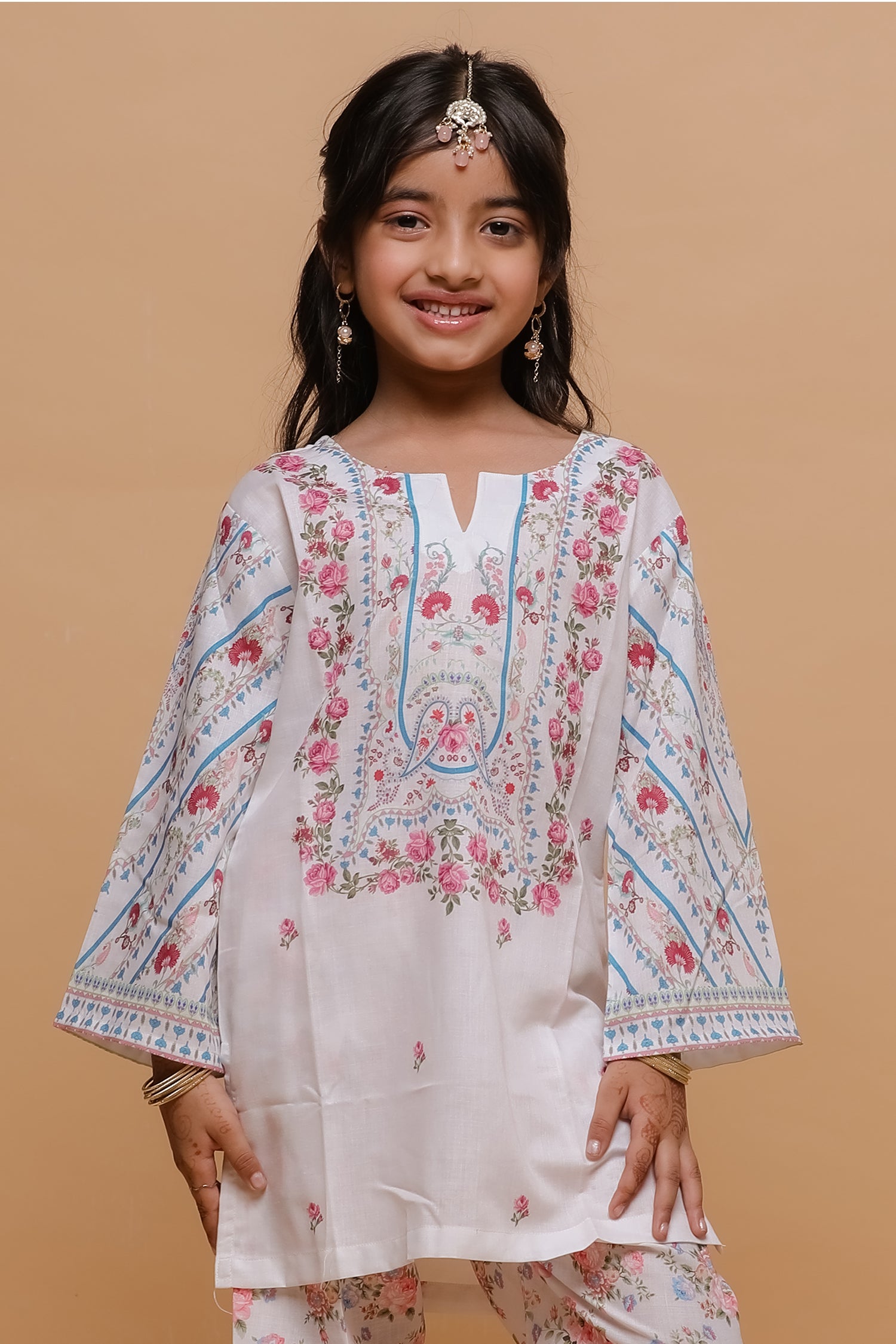 Kids White Floral Printed Lawn Cotton Co-ord Set