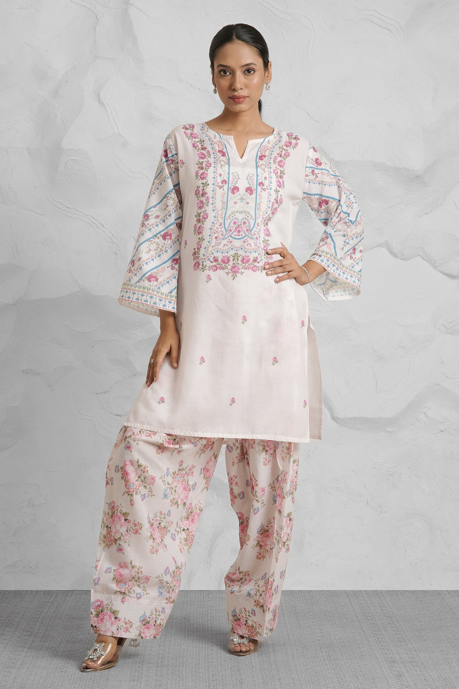Lawn Cotton Co-ord Set - White with Pink Floral Print with Farsi Pant