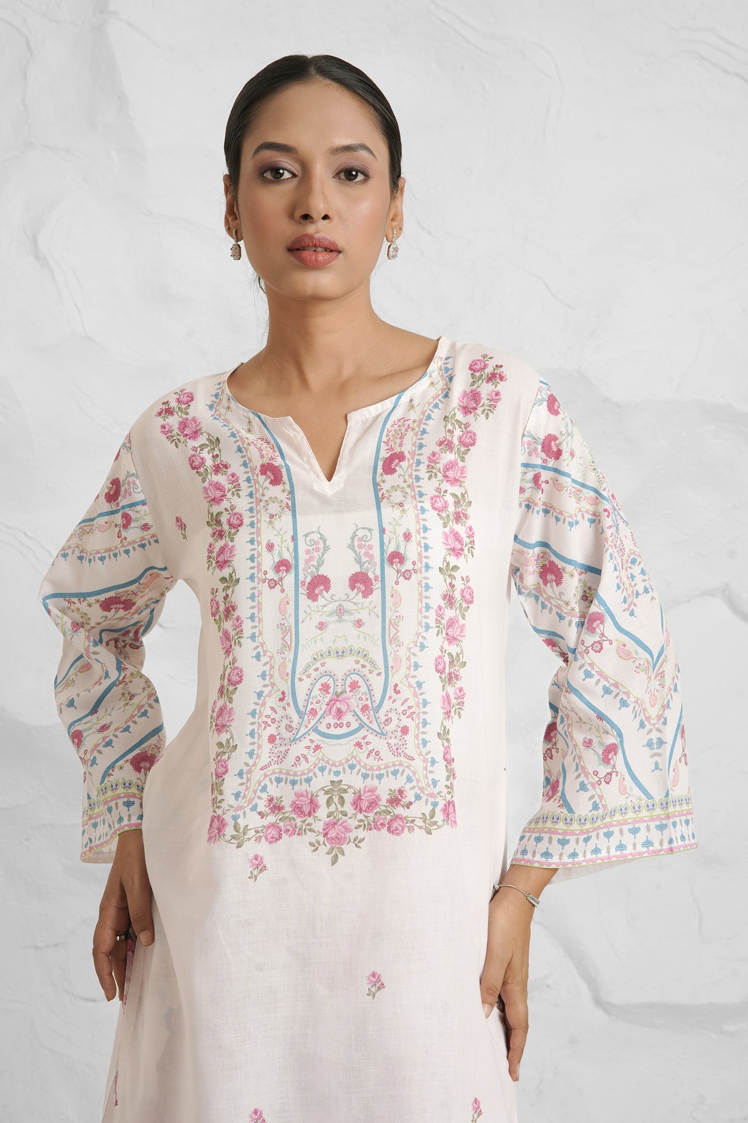 Lawn Cotton Co-ord Set - White with Pink Floral Print with Farsi Pant