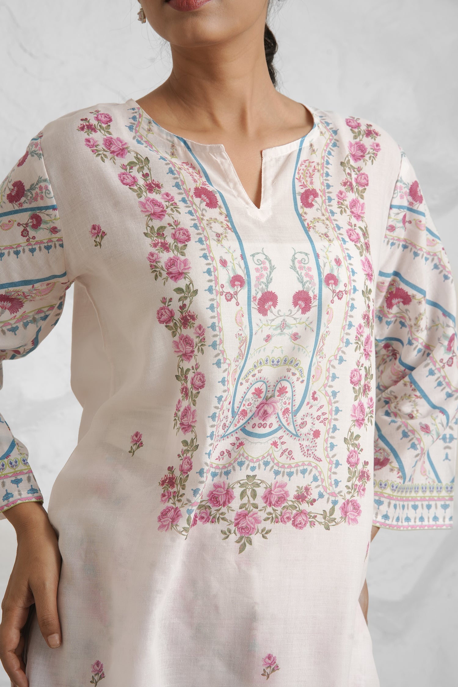 Lawn Cotton Co-ord Set - White with Pink Floral Print with Farsi Pant