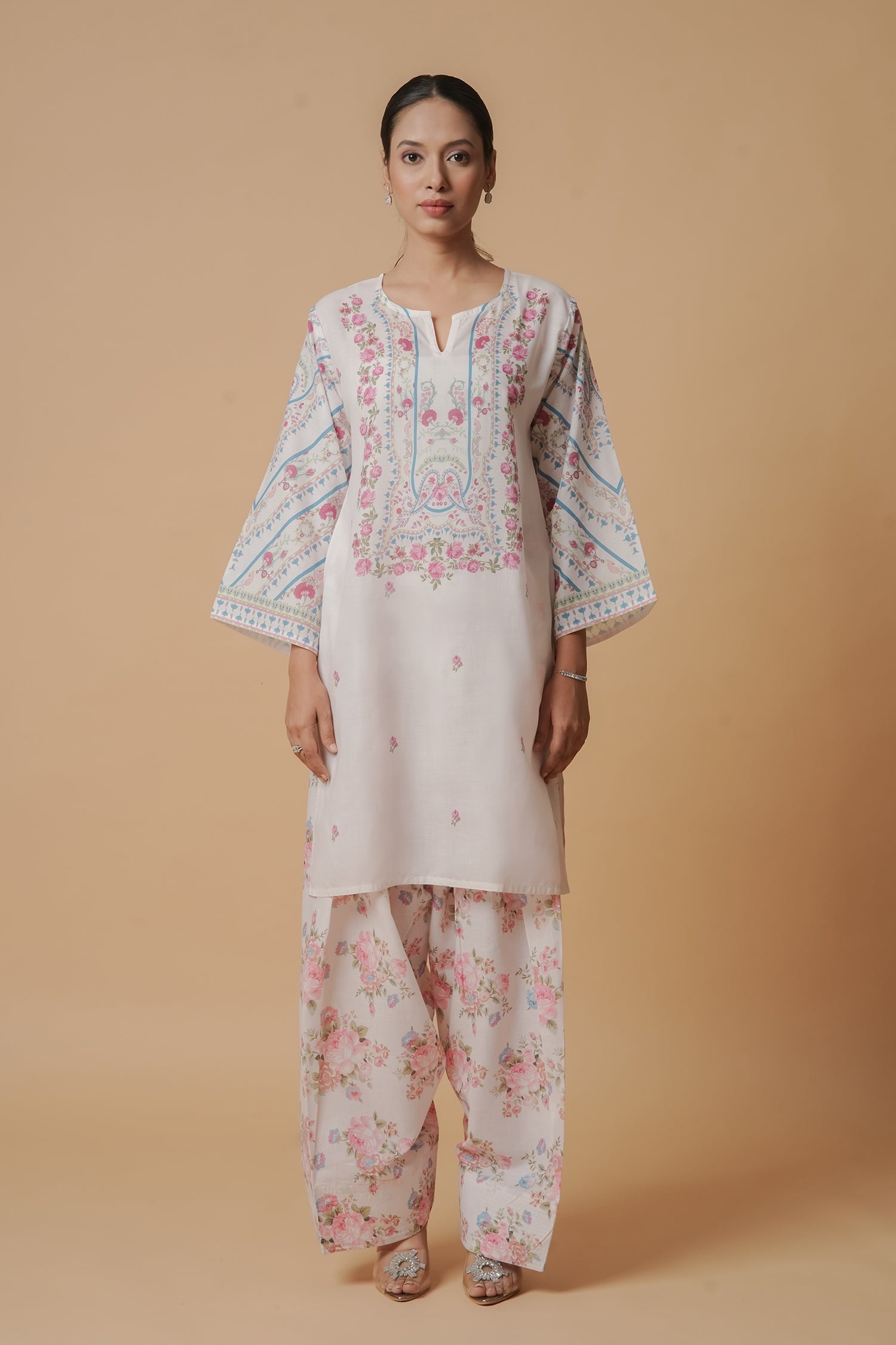 Aarti in Lawn Cotton Co-ord Set - White with Pink Floral Print with Farsi Pant