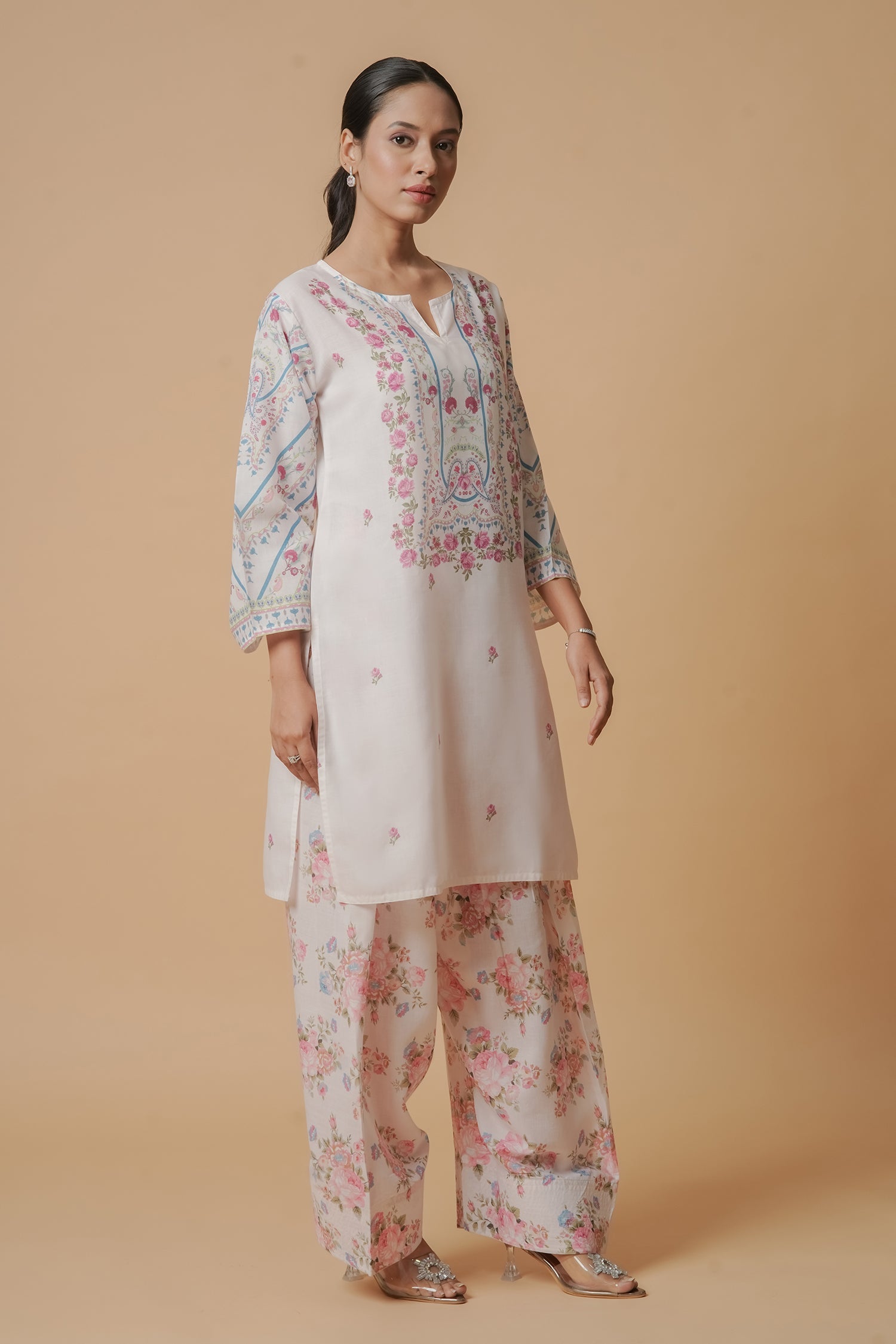 Aarti in Lawn Cotton Co-ord Set - White with Pink Floral Print with Farsi Pant