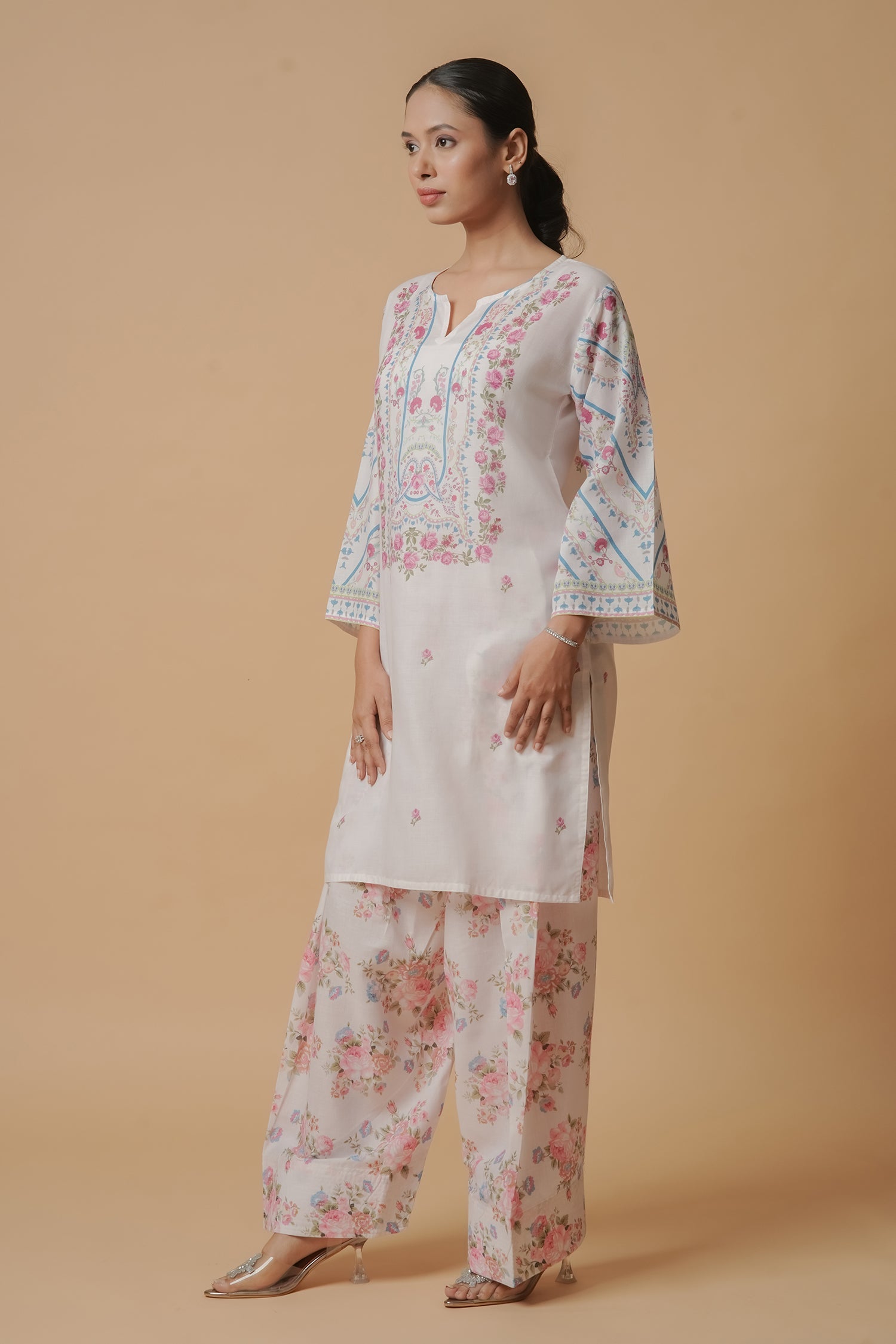 Aarti in Lawn Cotton Co-ord Set - White with Pink Floral Print with Farsi Pant