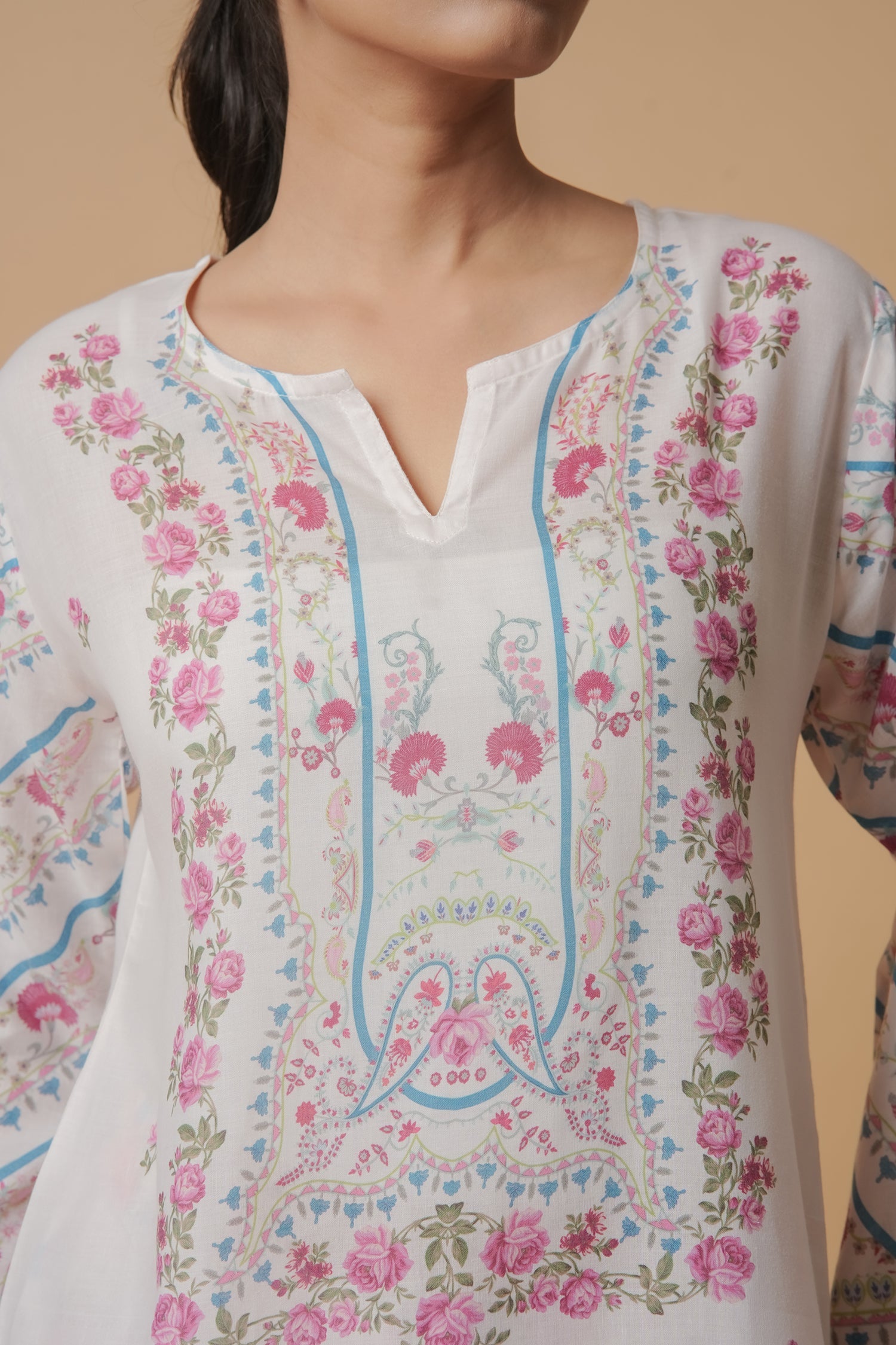 Aarti in Lawn Cotton Co-ord Set - White with Pink Floral Print with Farsi Pant