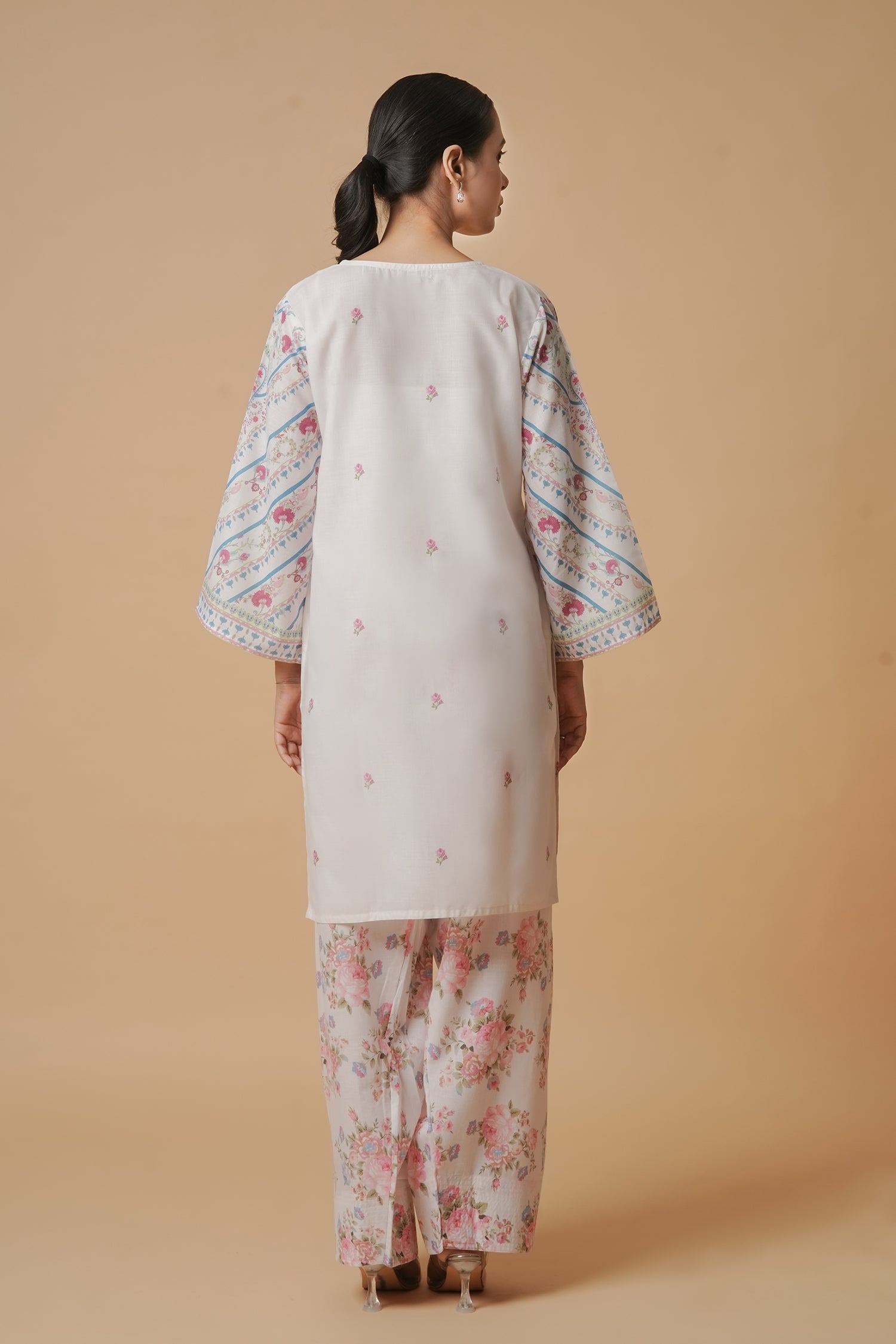 Aarti in Lawn Cotton Co-ord Set - White with Pink Floral Print with Farsi Pant
