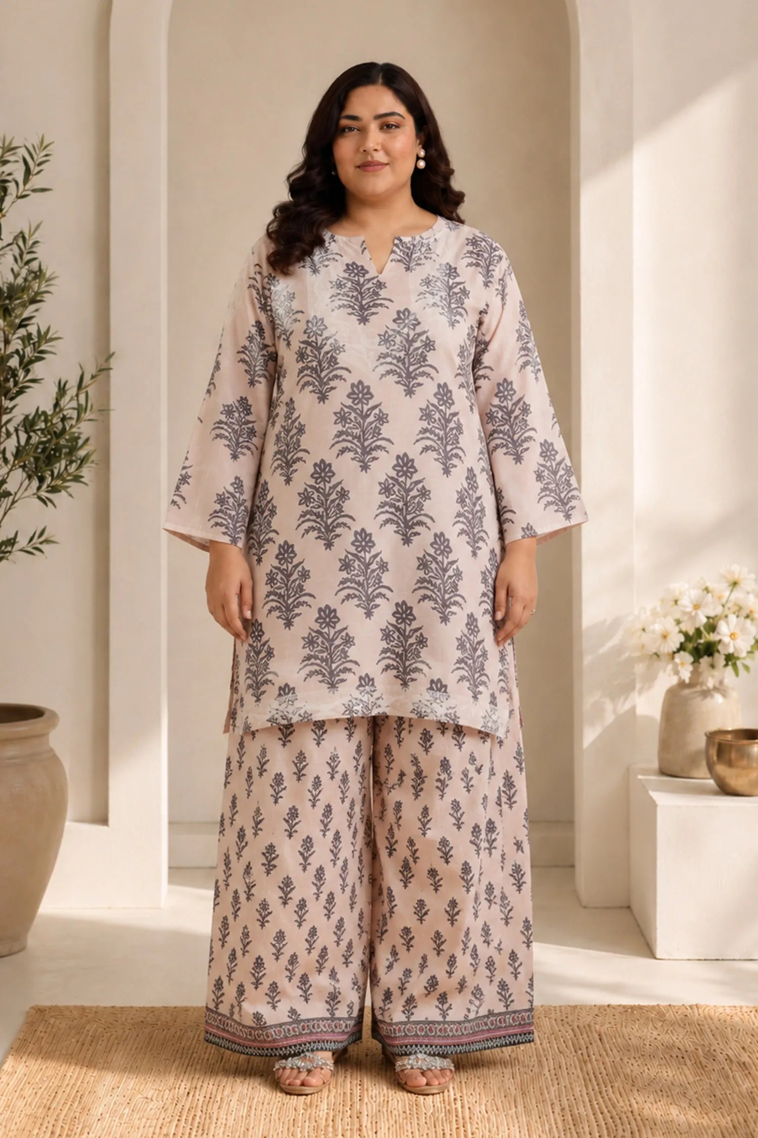Plus Size - Lawn Cotton Co-ord Set - Beige with Navy Floral Print with Farsi Pant
