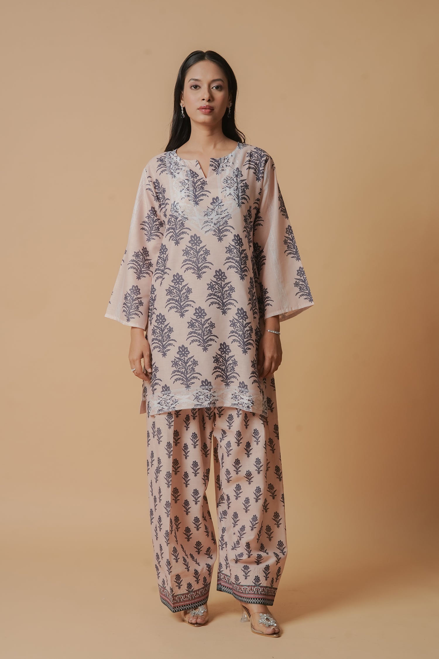 Anureet in Lawn Cotton Co-ord Set - Beige with Navy Floral Print with Farsi Pant