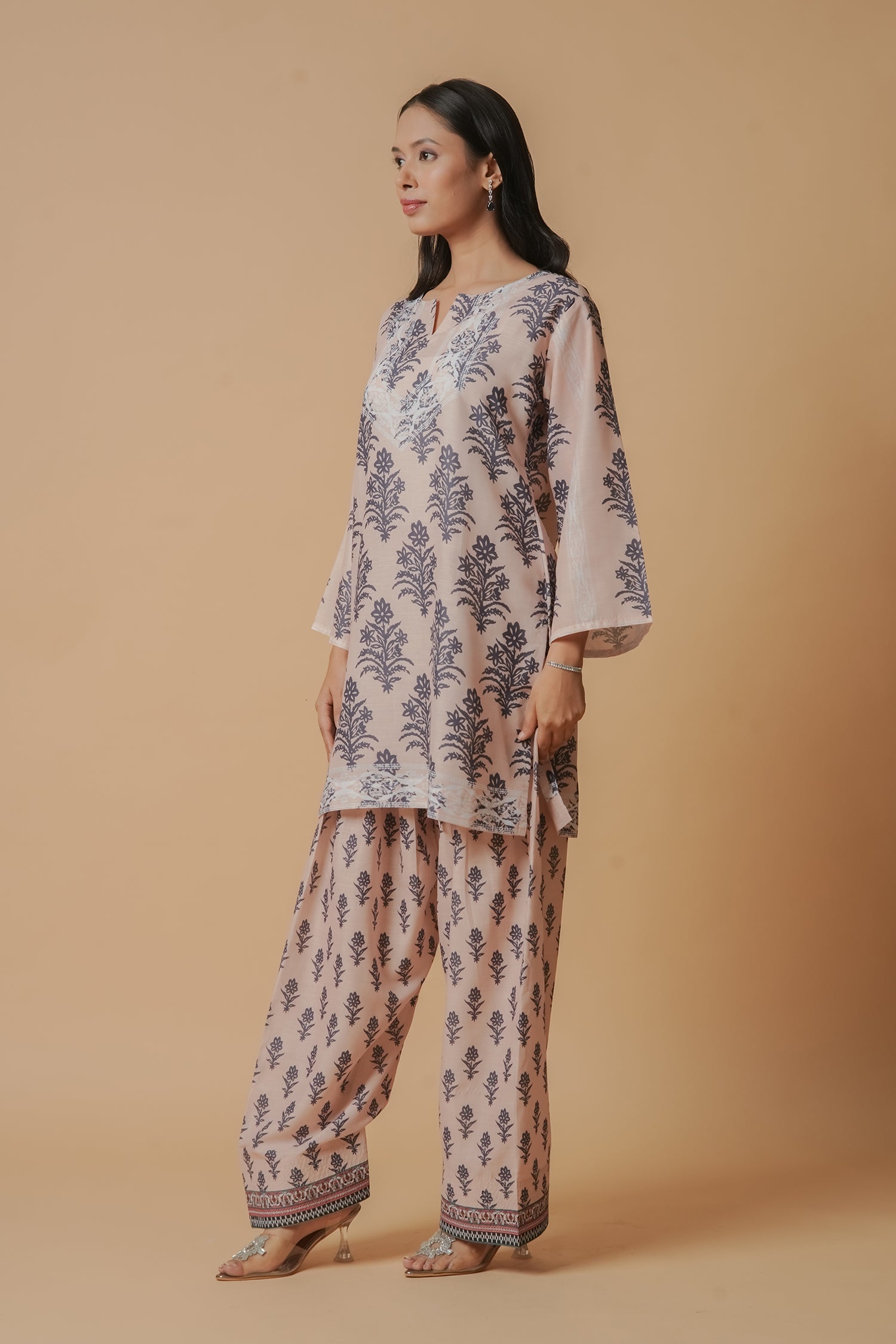 Anureet in Lawn Cotton Co-ord Set - Beige with Navy Floral Print with Farsi Pant