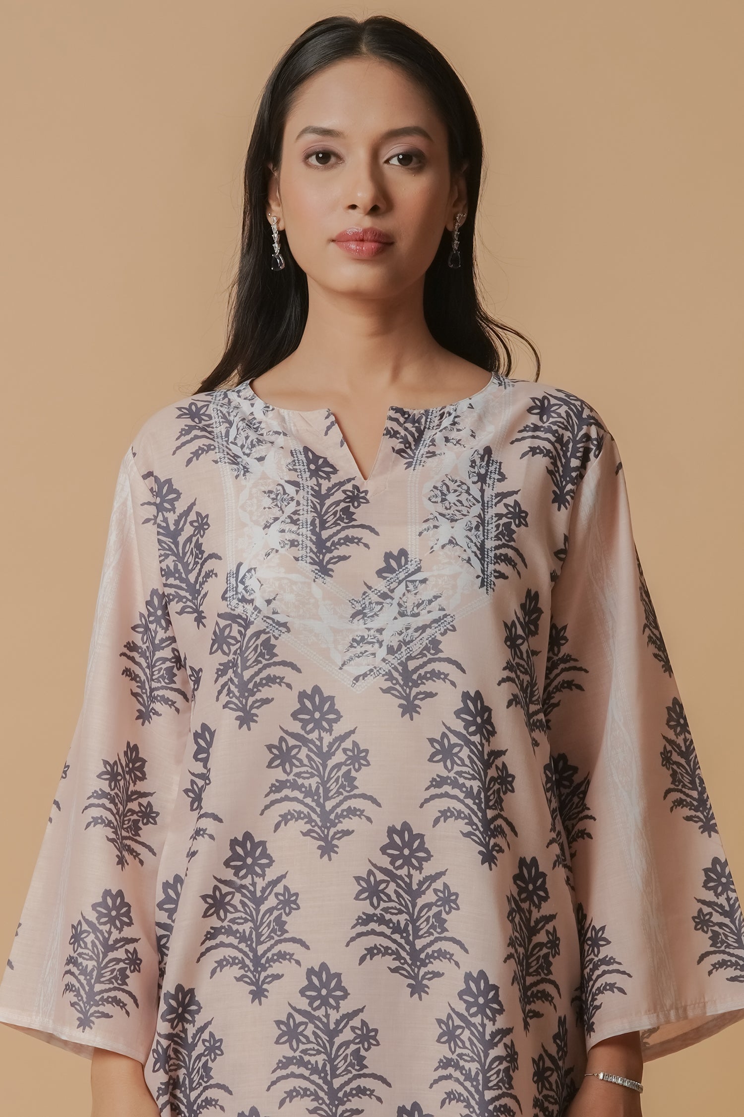 Anureet in Lawn Cotton Co-ord Set - Beige with Navy Floral Print with Farsi Pant