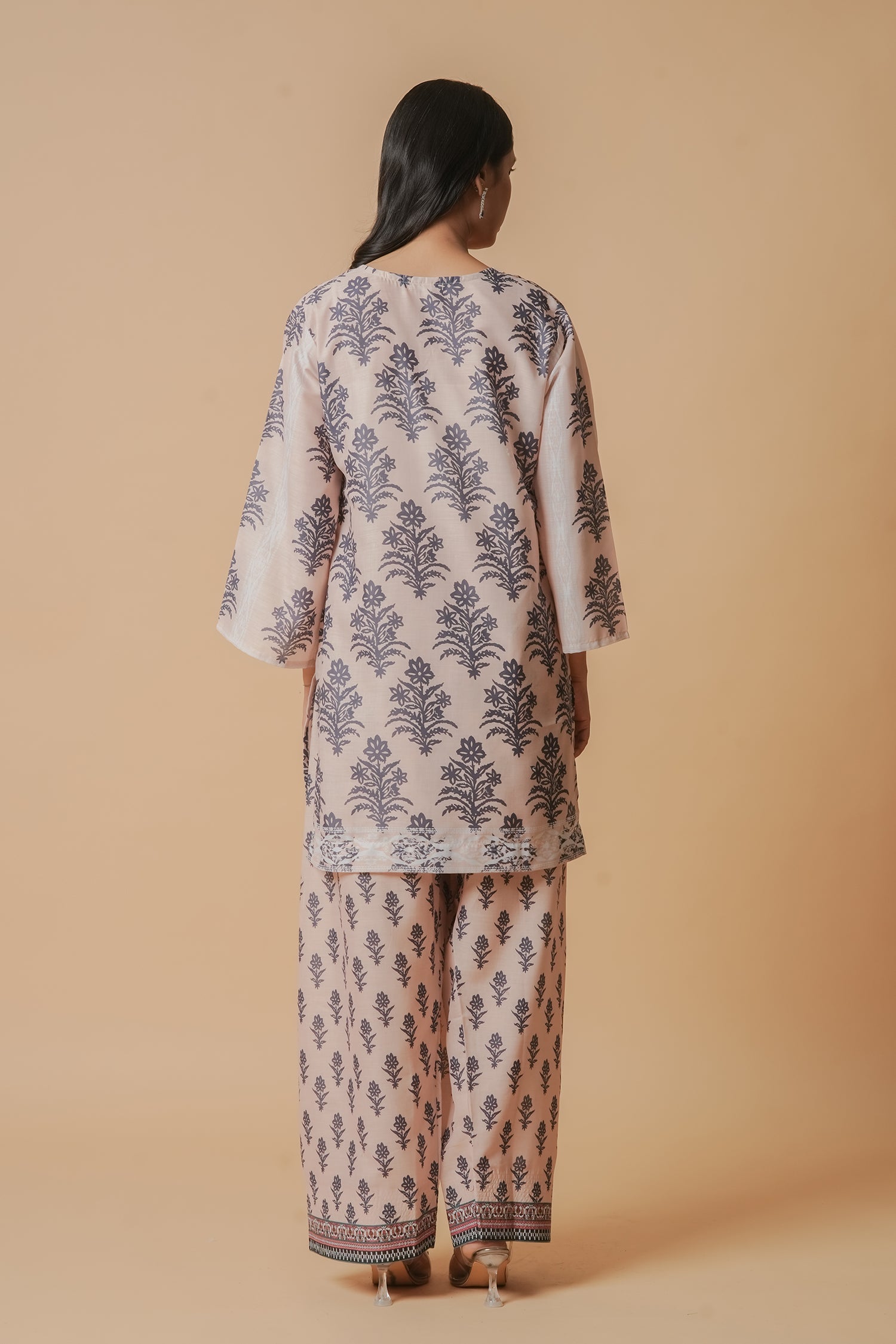 Anureet in Lawn Cotton Co-ord Set - Beige with Navy Floral Print with Farsi Pant