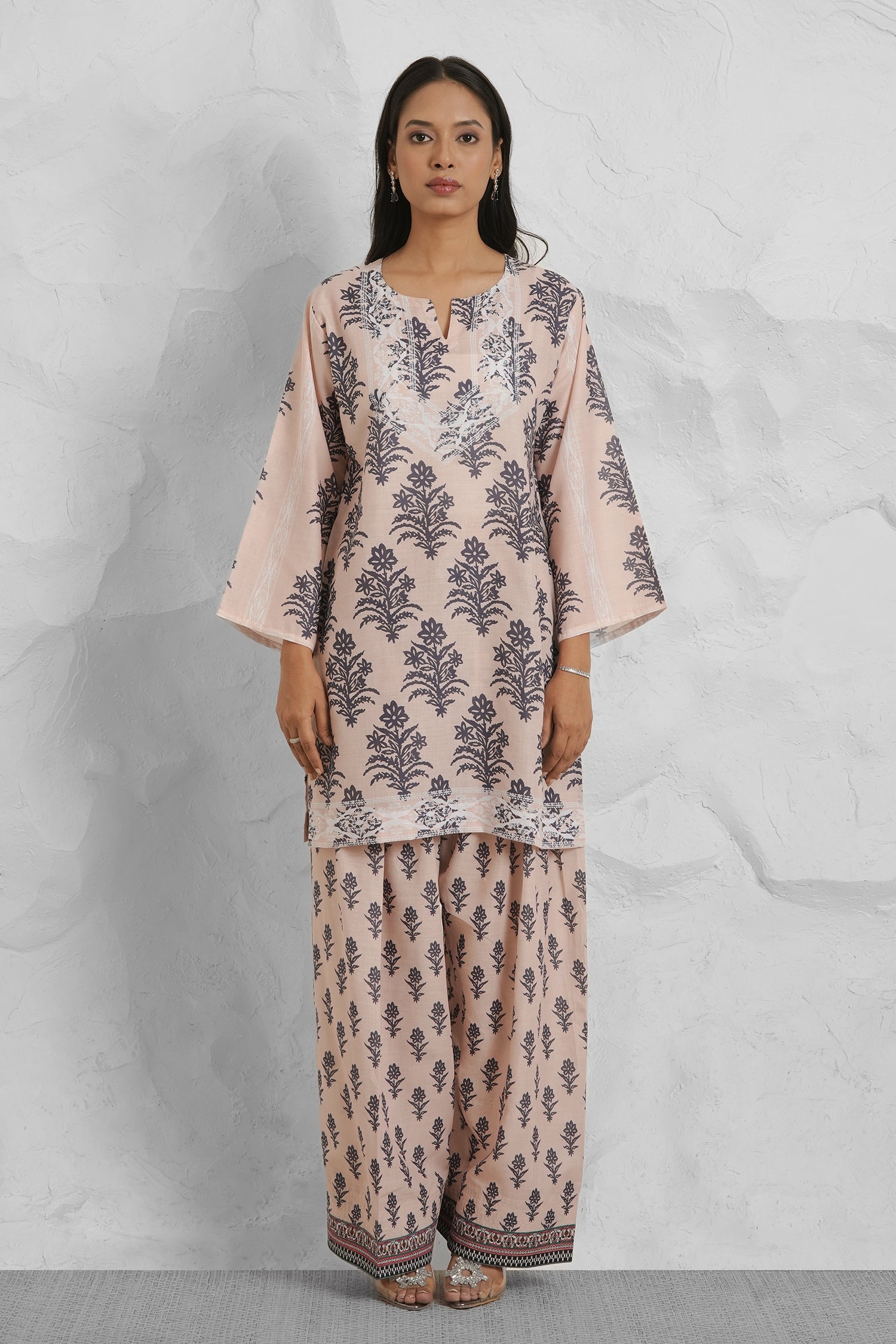 Lawn Cotton Co-ord Set - Beige with Navy Floral Print with Farsi Pant