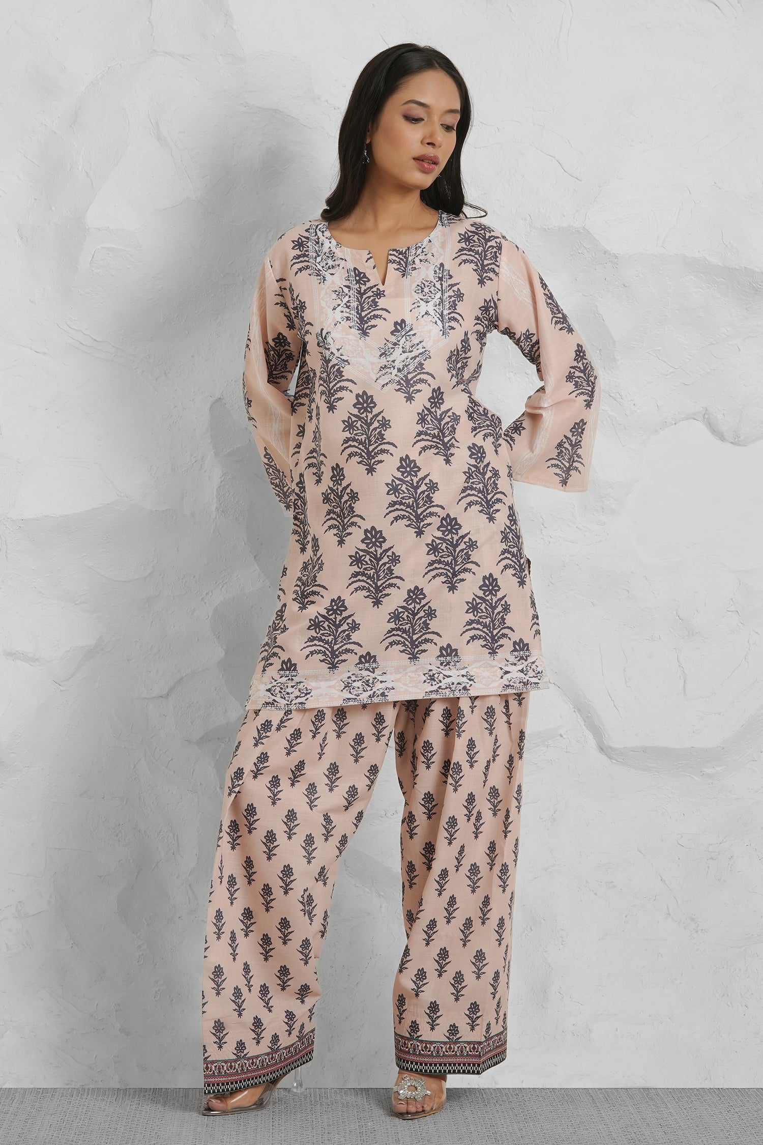 Lawn Cotton Co-ord Set - Beige with Navy Floral Print with Farsi Pant