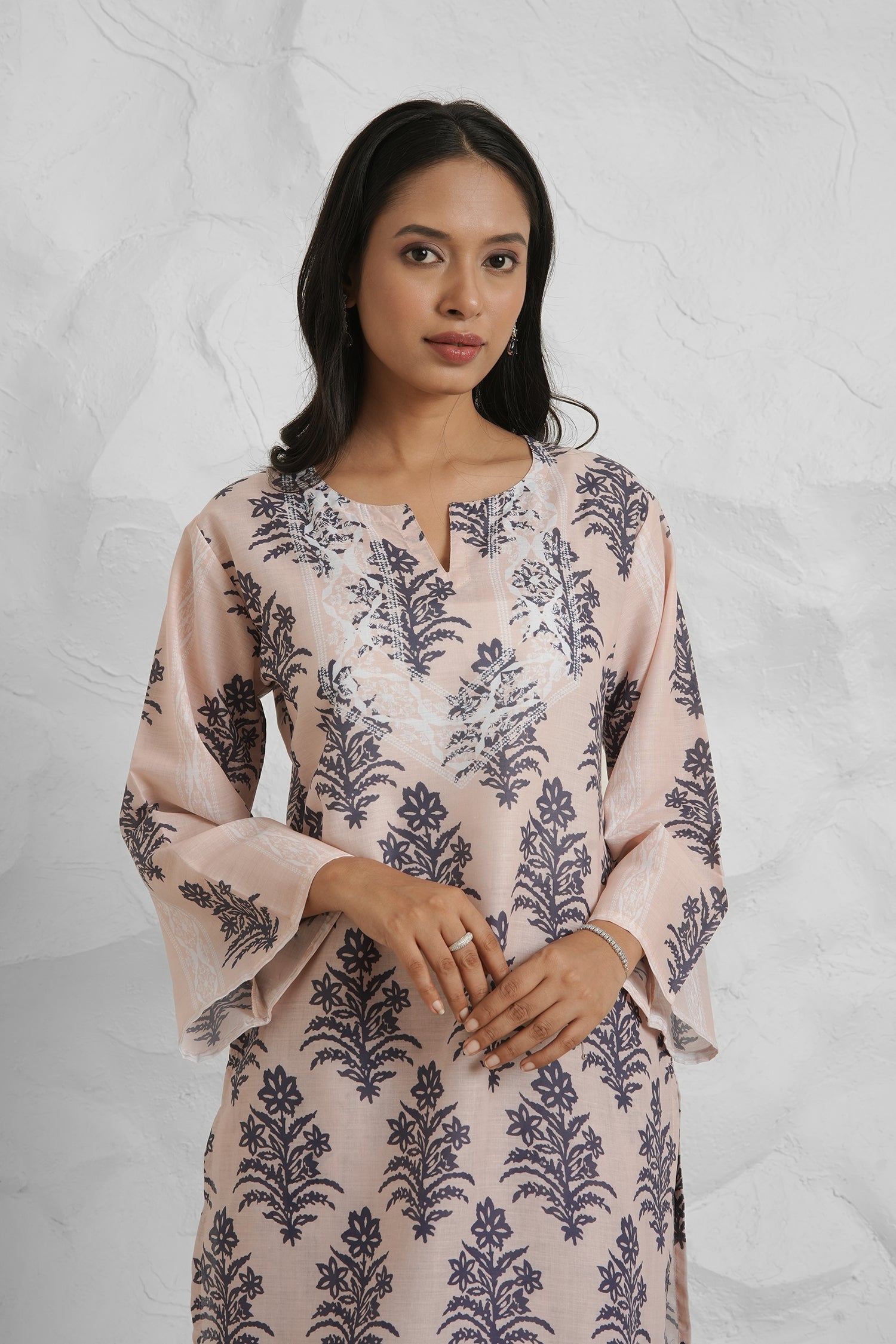 Lawn Cotton Co-ord Set - Beige with Navy Floral Print with Farsi Pant