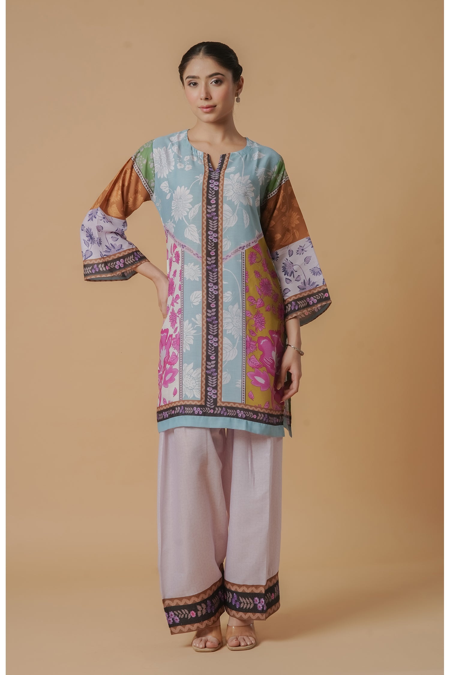 Lawn Cotton Co-ord Set - Multicolor with Bold Floral Print with Farsi Pant
