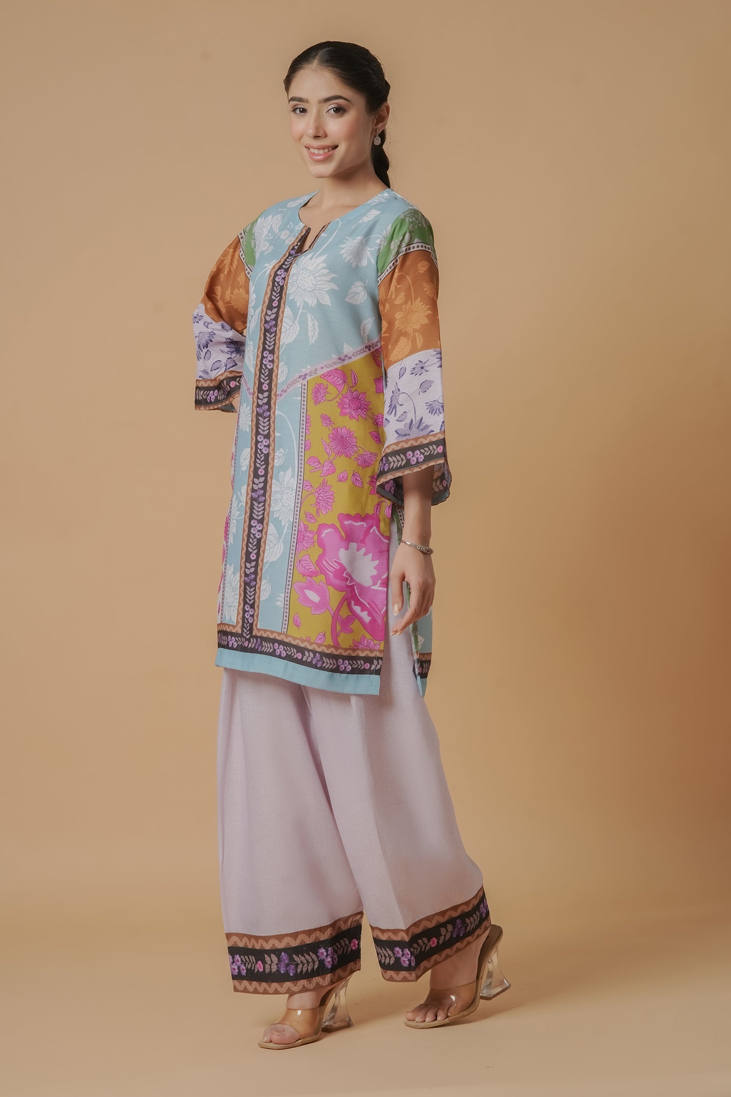 Lawn Cotton Co-ord Set - Multicolor with Bold Floral Print with Farsi Pant