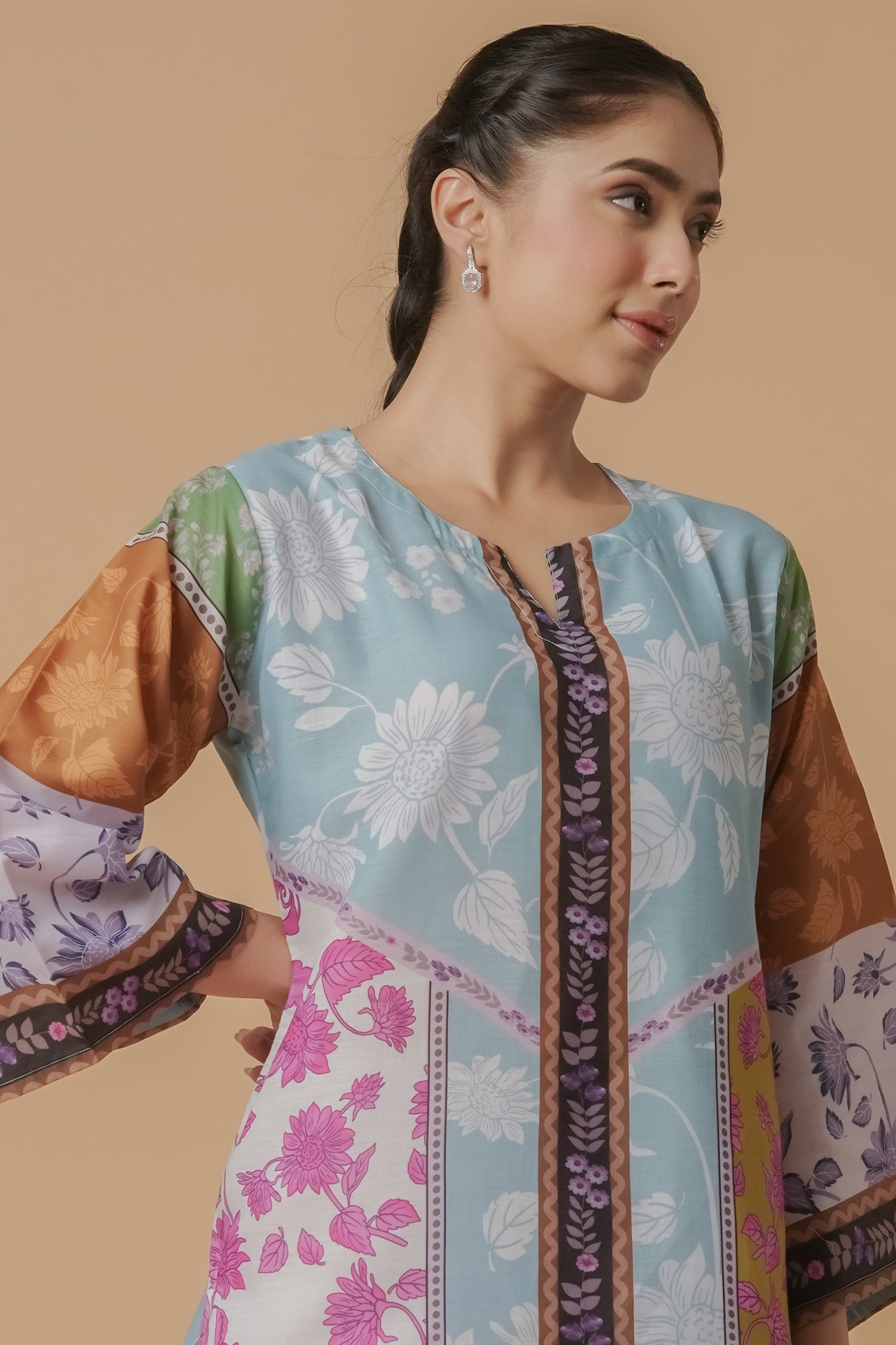 Lawn Cotton Co-ord Set - Multicolor with Bold Floral Print with Farsi Pant
