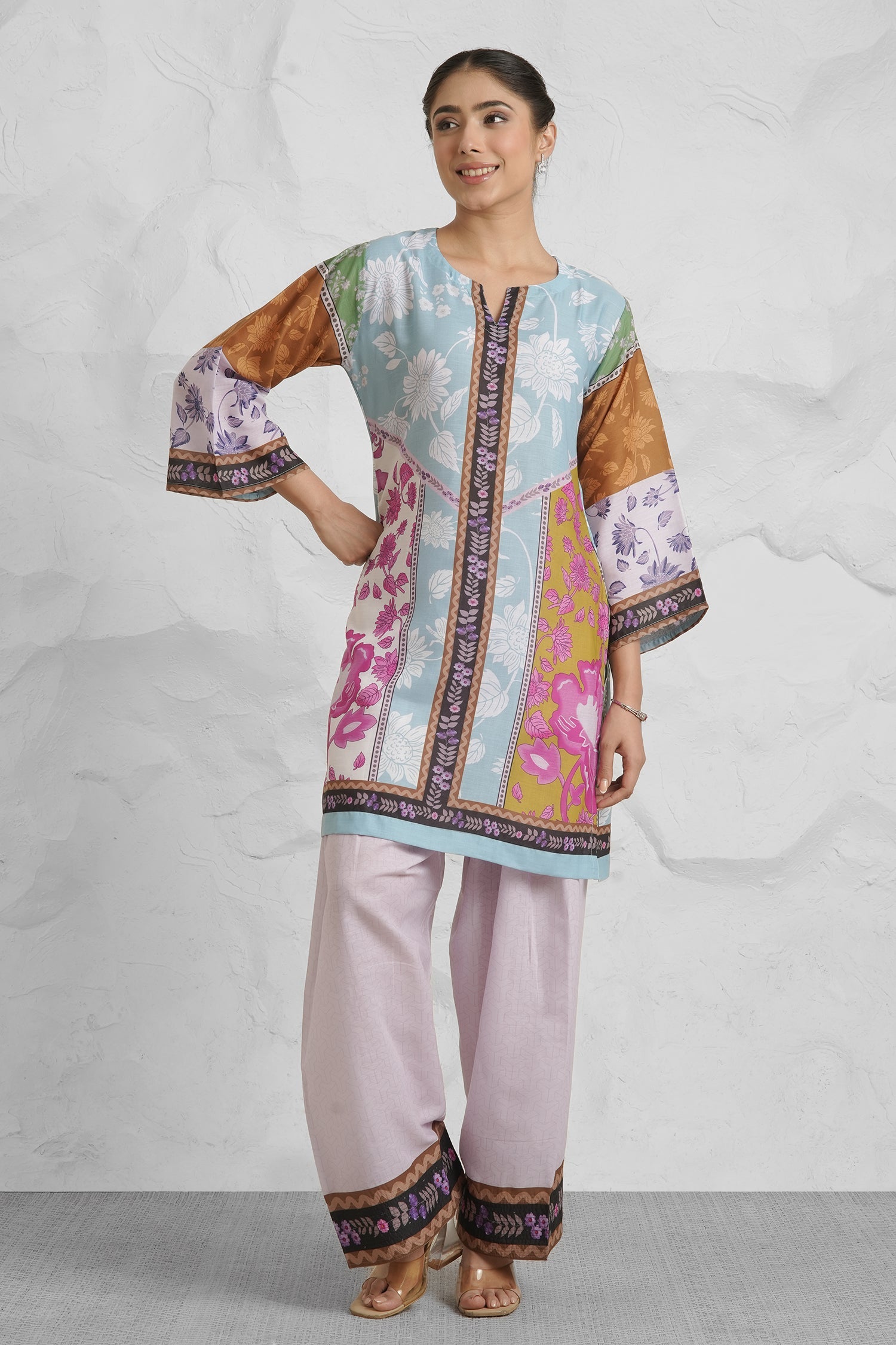 Lawn Cotton Co-ord Set - Multicolor with Bold Floral Print with Farsi Pant