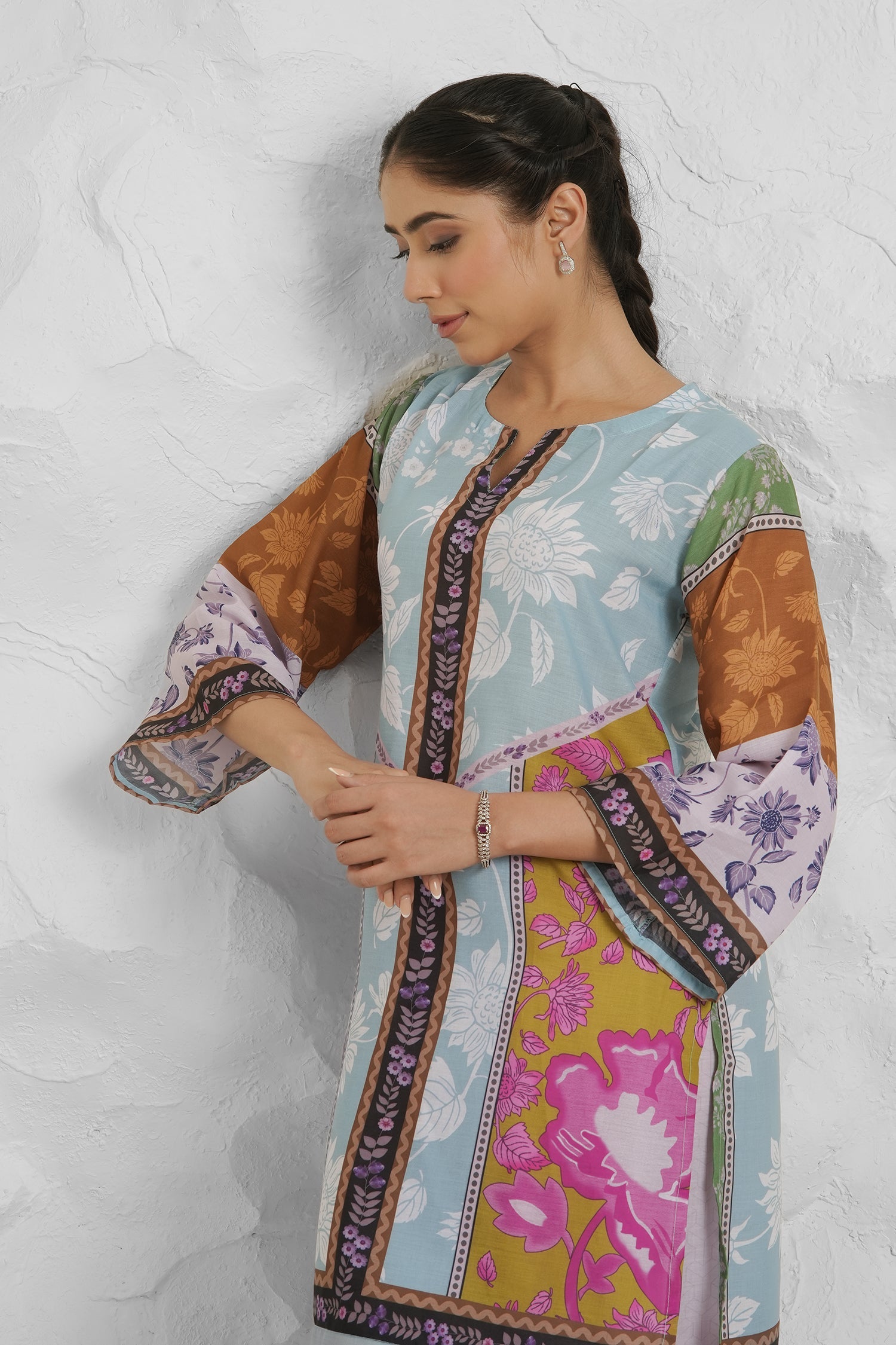 Lawn Cotton Co-ord Set - Multicolor with Bold Floral Print with Farsi Pant