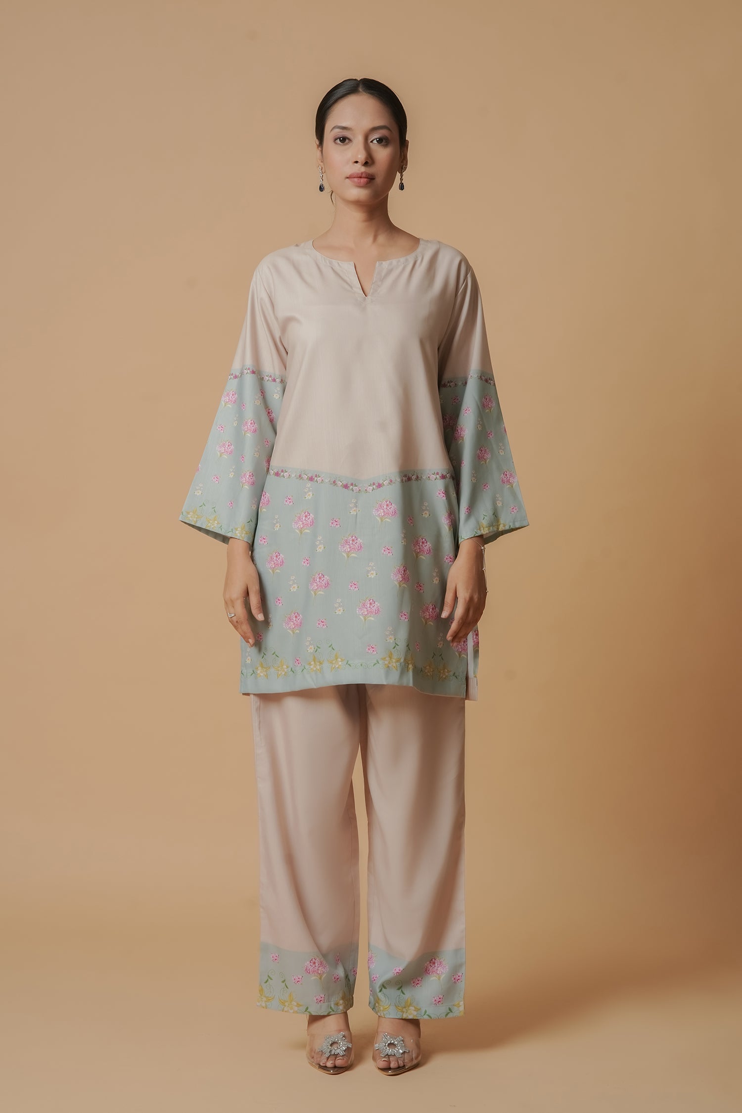 Lawn Cotton Co-ord Set - Beige with Sky Blue Floral Panels With Straight pant