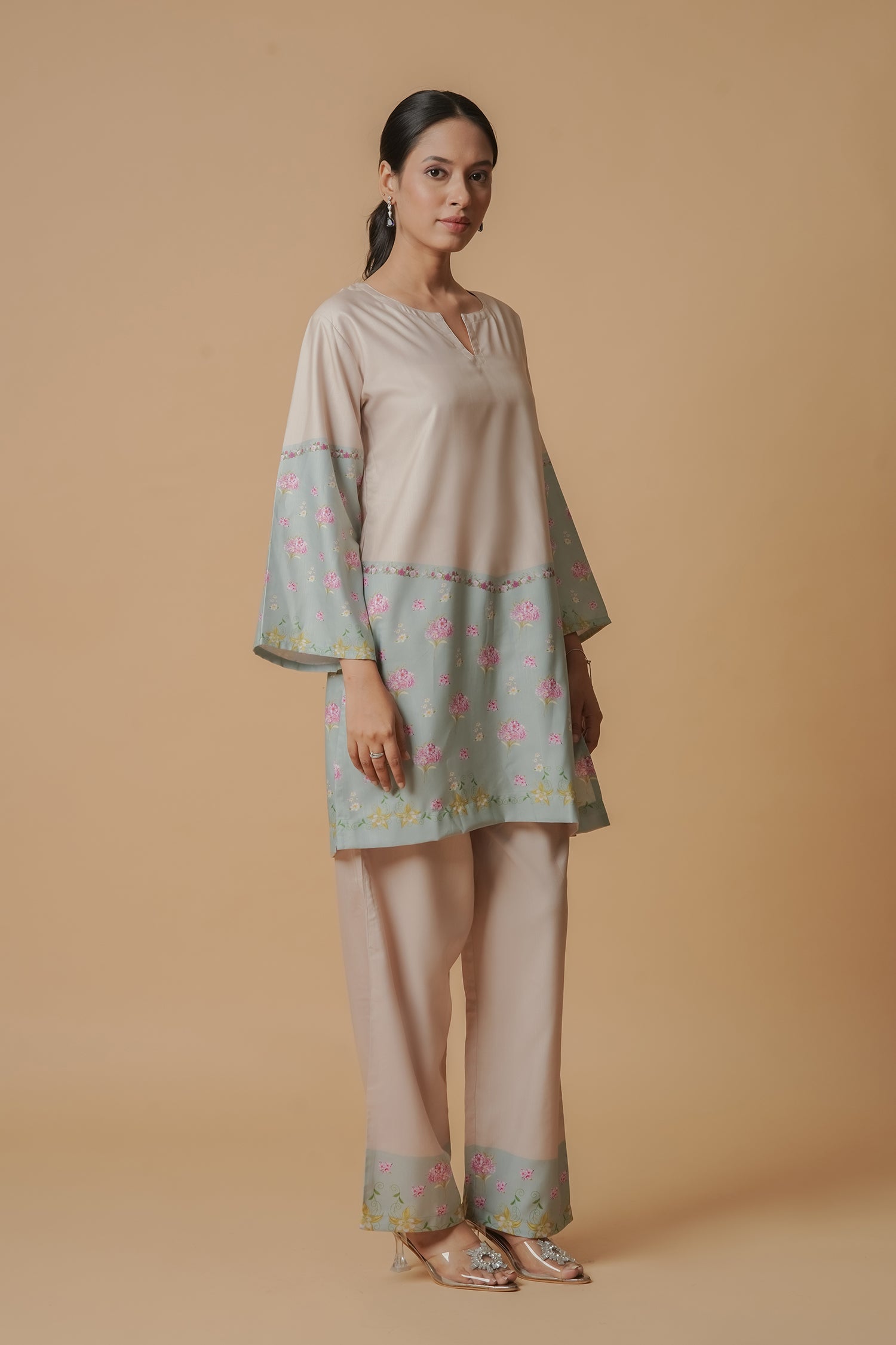 Lawn Cotton Co-ord Set - Beige with Sky Blue Floral Panels With Straight pant