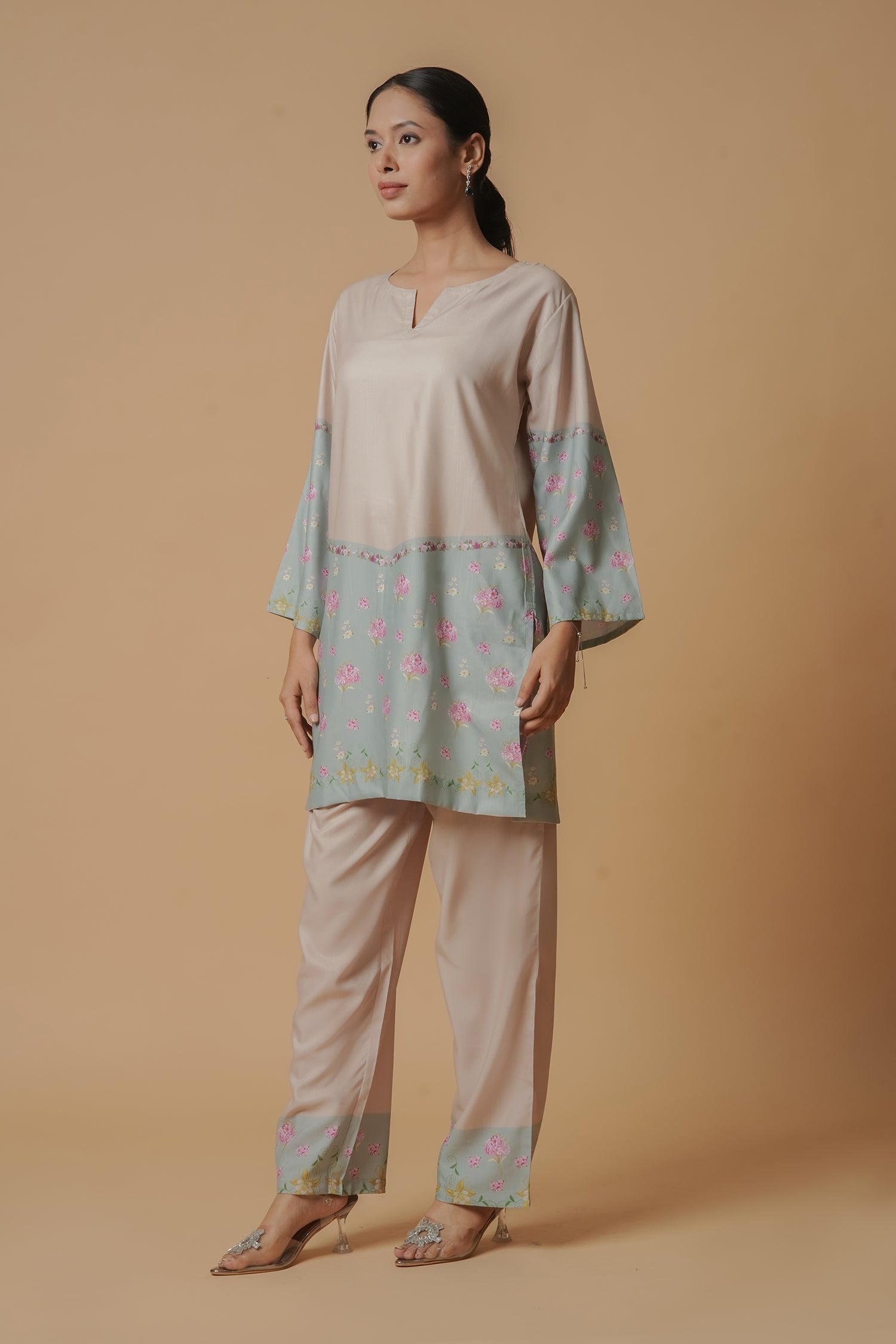 Lawn Cotton Co-ord Set - Beige with Sky Blue Floral Panels With Straight pant