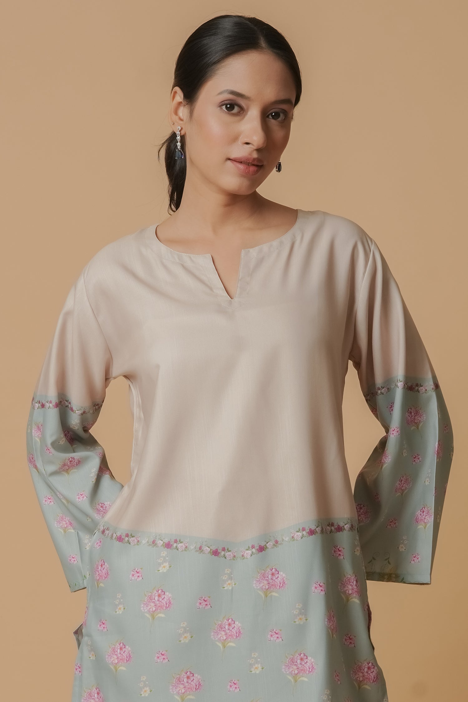 Lawn Cotton Co-ord Set - Beige with Sky Blue Floral Panels With Straight pant