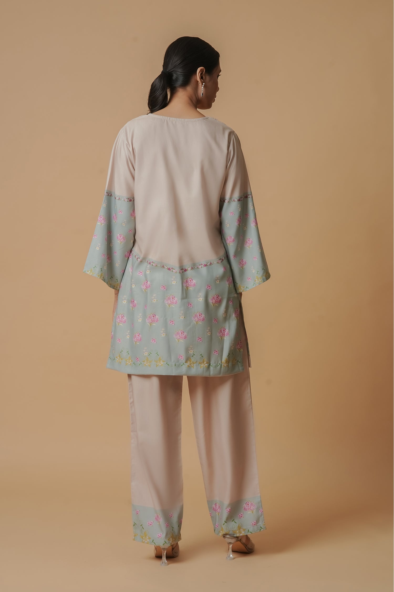 Lawn Cotton Co-ord Set - Beige with Sky Blue Floral Panels With Straight pant