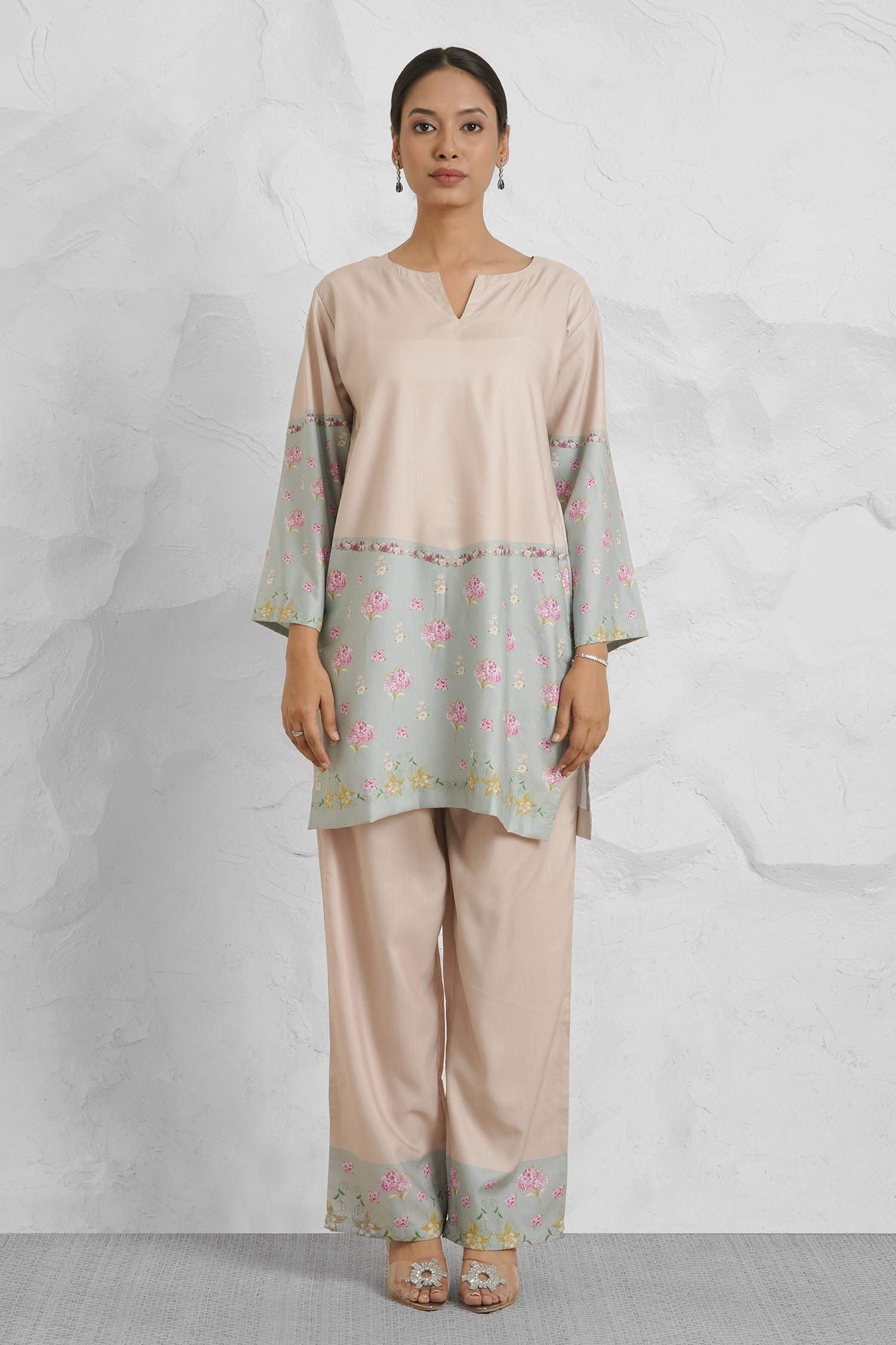 Lawn Cotton Co-ord Set - Beige with Sky Blue Floral Panels With Straight pant