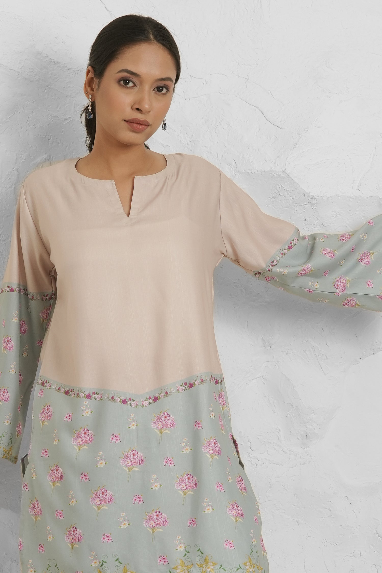 Lawn Cotton Co-ord Set - Beige with Sky Blue Floral Panels With Straight pant