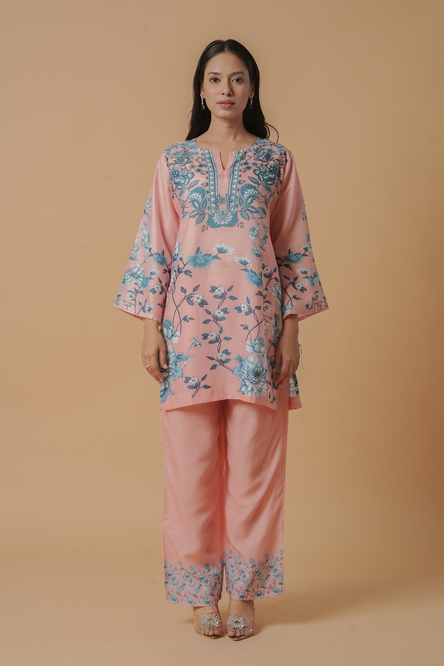 Lawn Cotton Co-ord Set - Peach with Blue Floral Print With Straight pant
