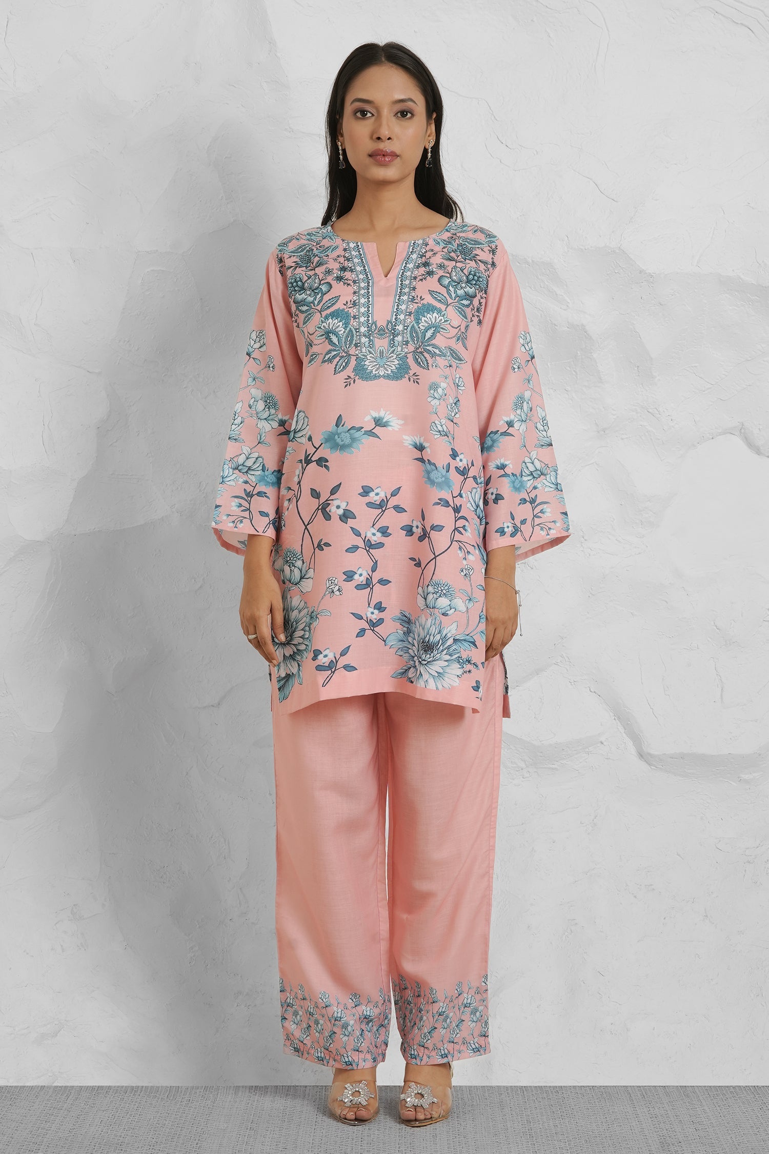 Lawn Cotton Co-ord Set - Peach with Blue Floral Print With Straight pant