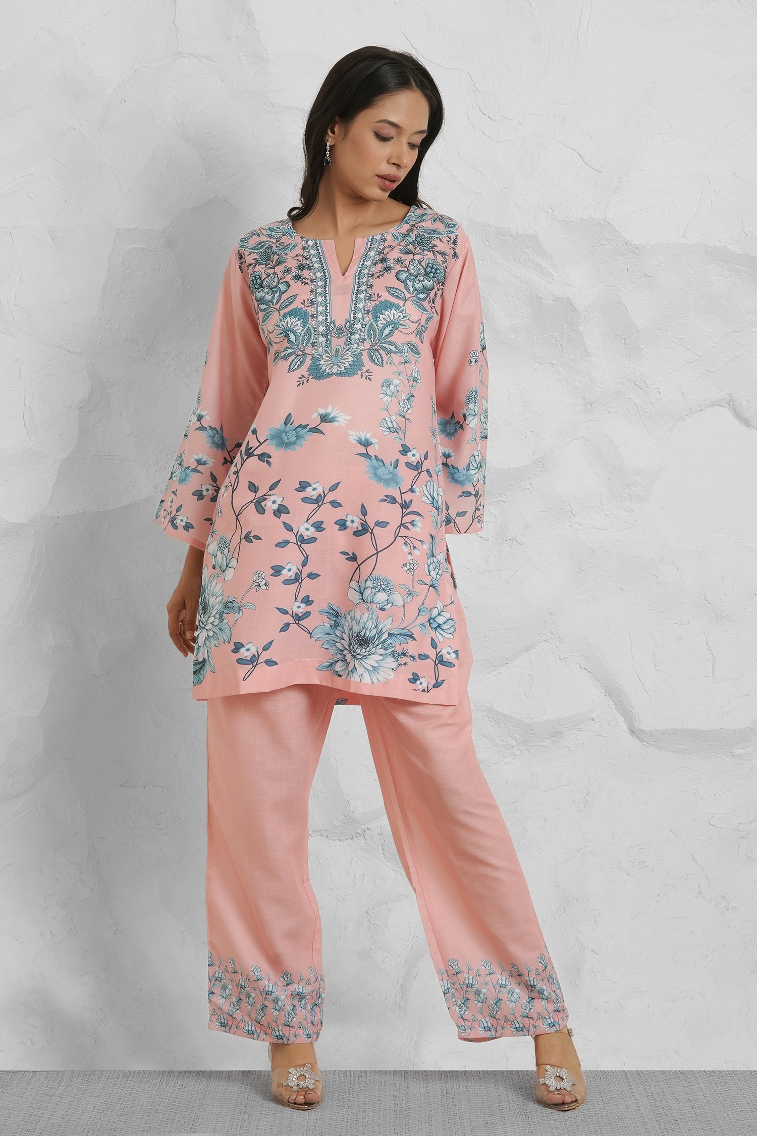 Lawn Cotton Co-ord Set - Peach with Blue Floral Print With Straight pant