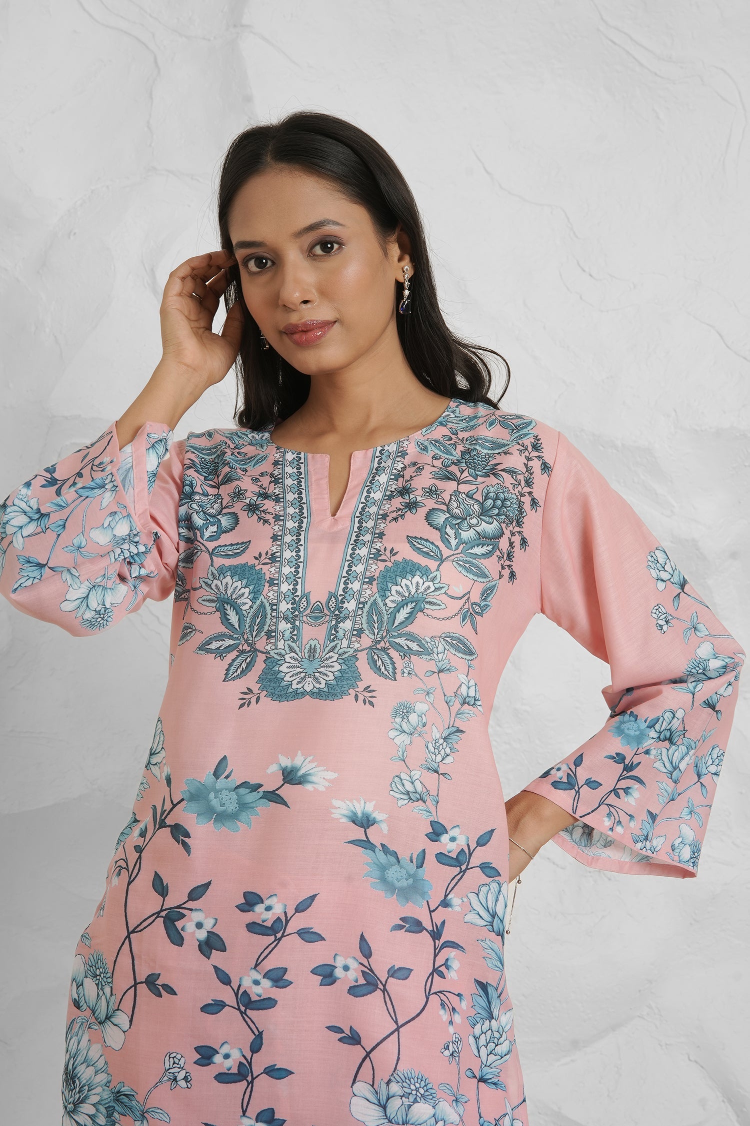 Lawn Cotton Co-ord Set - Peach with Blue Floral Print With Straight pant