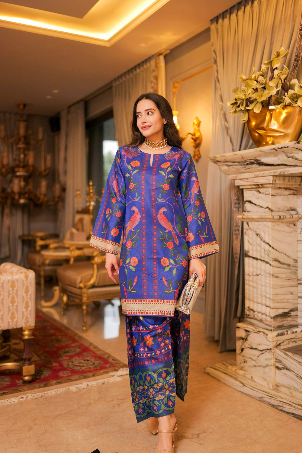 Komal X HOK Lawn Cotton Shimmer Printed Cord Set with Bird & Floral Print - Royal Blue