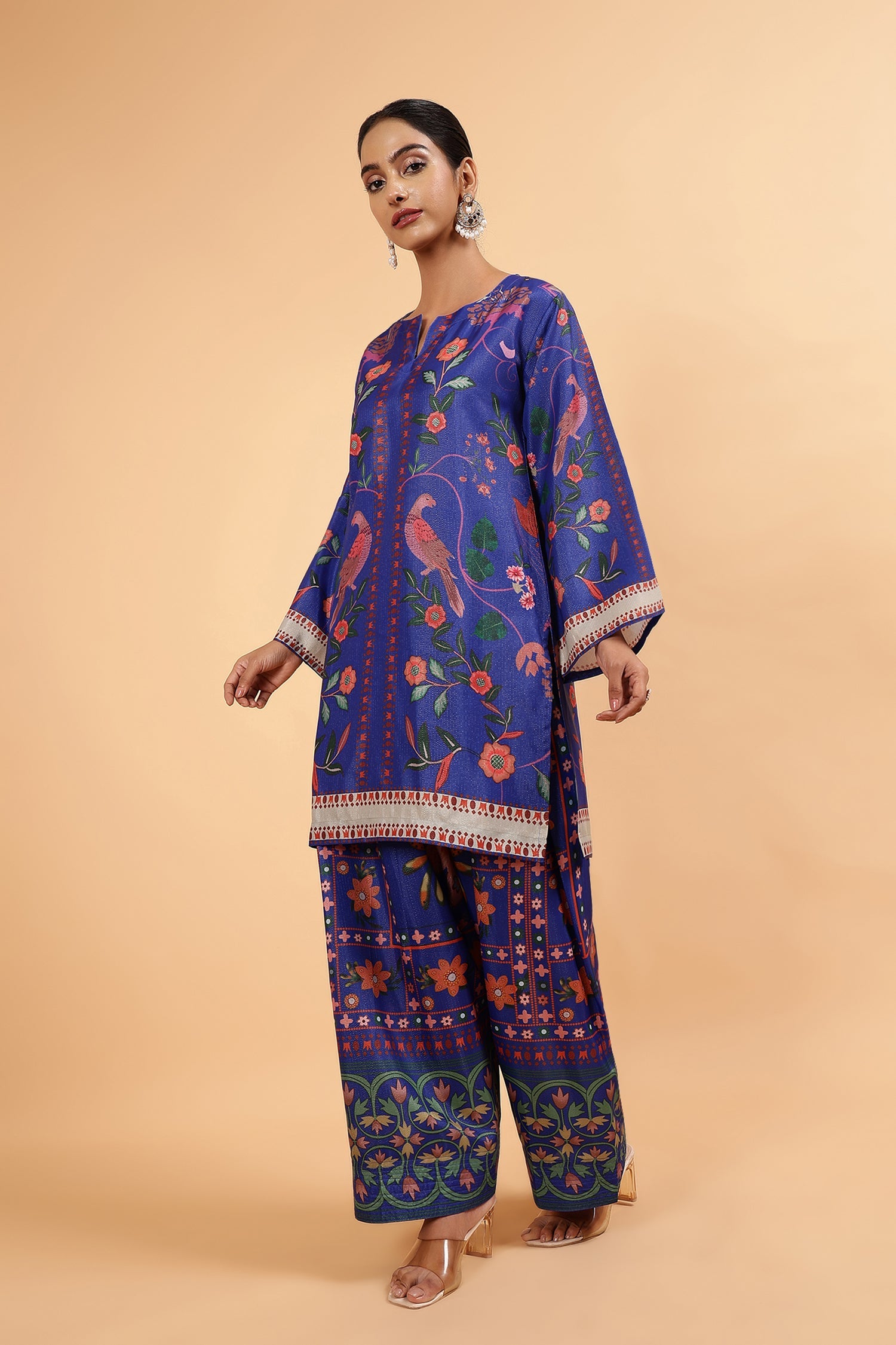 Lawn Cotton Shimmer Printed Cord Set with Bird & Floral Print - Royal Blue