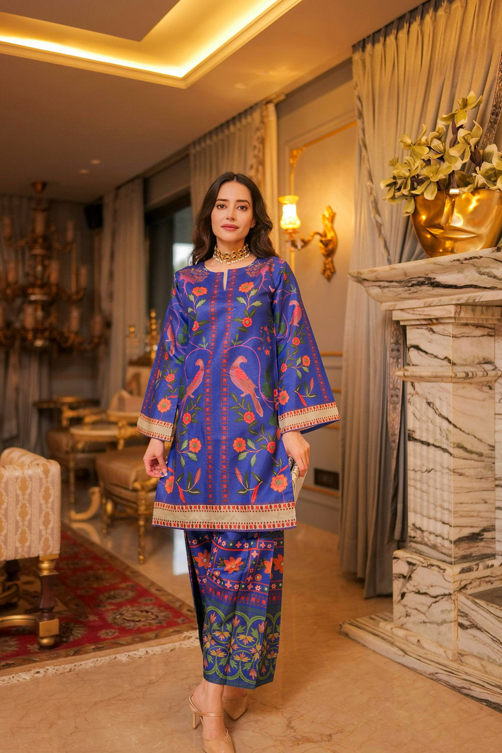 Komal X HOK Lawn Cotton Shimmer Printed Cord Set with Bird & Floral Print - Royal Blue