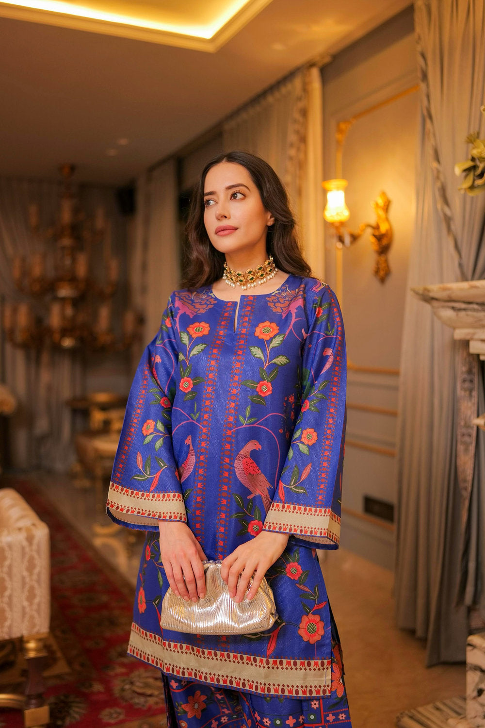 Komal X HOK Lawn Cotton Shimmer Printed Cord Set with Bird & Floral Print - Royal Blue