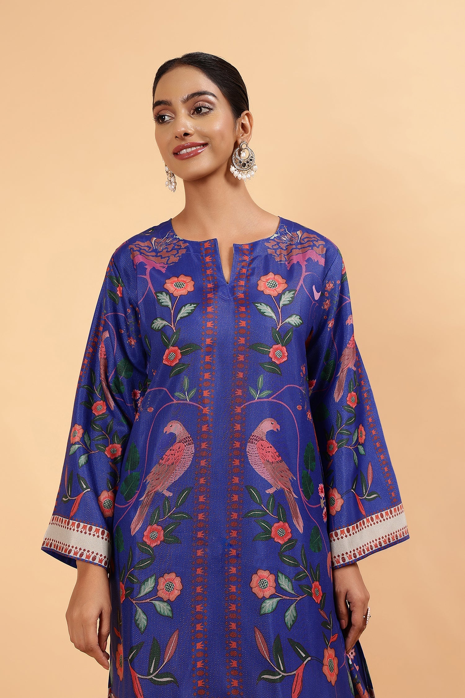 Lawn Cotton Shimmer Printed Cord Set with Bird & Floral Print - Royal Blue